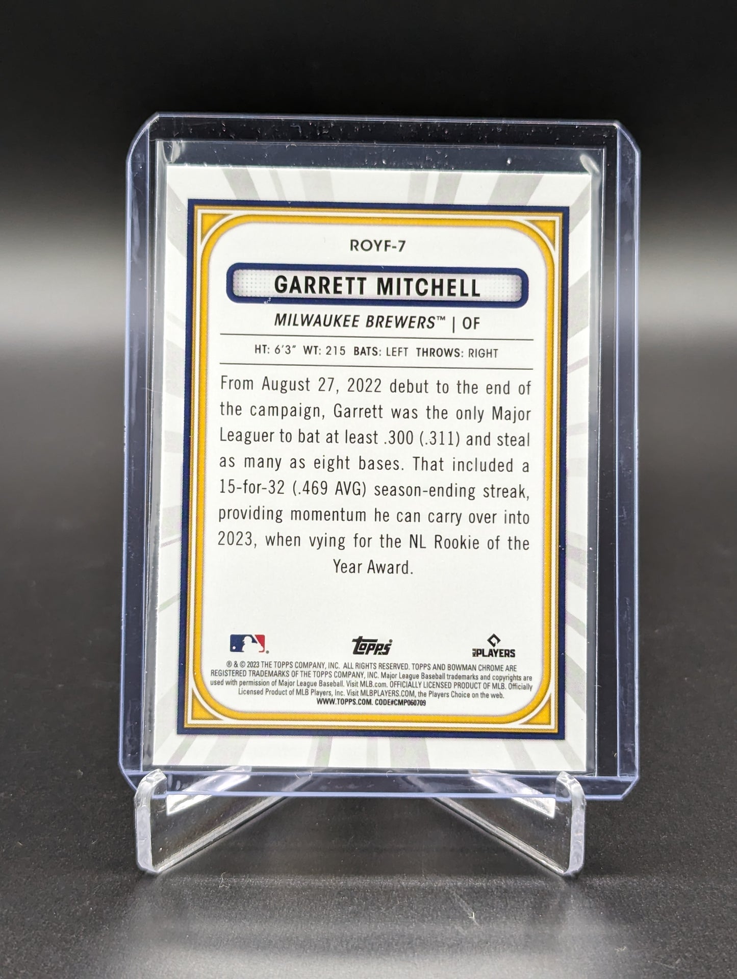 2023 Bowman Chrome ROY Favorites #ROYF-7 Garrett Mitchell RC Brewers