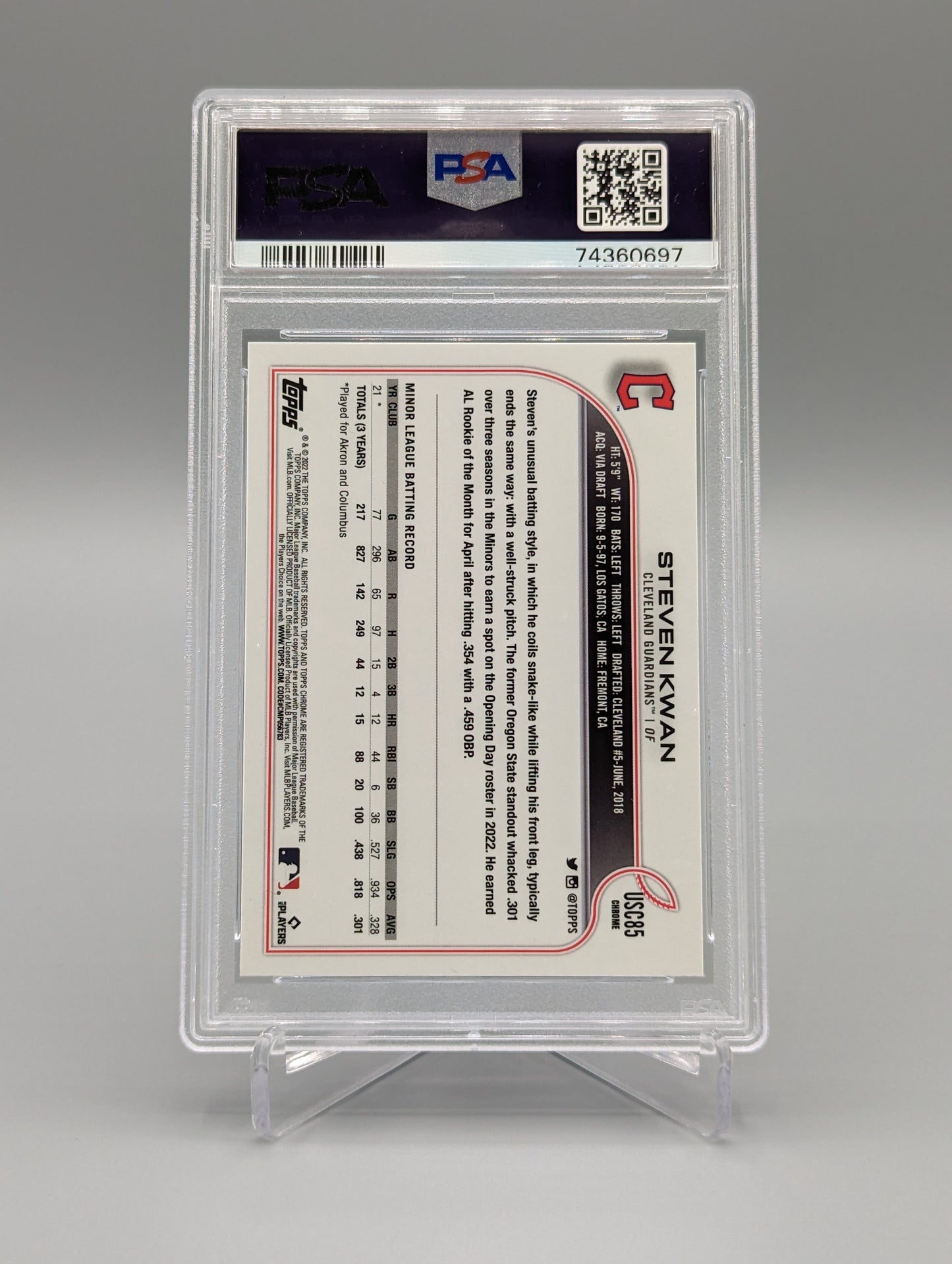 2022 Topps Chrome Update #USC85 Steven Kwan RC Indians PSA 10