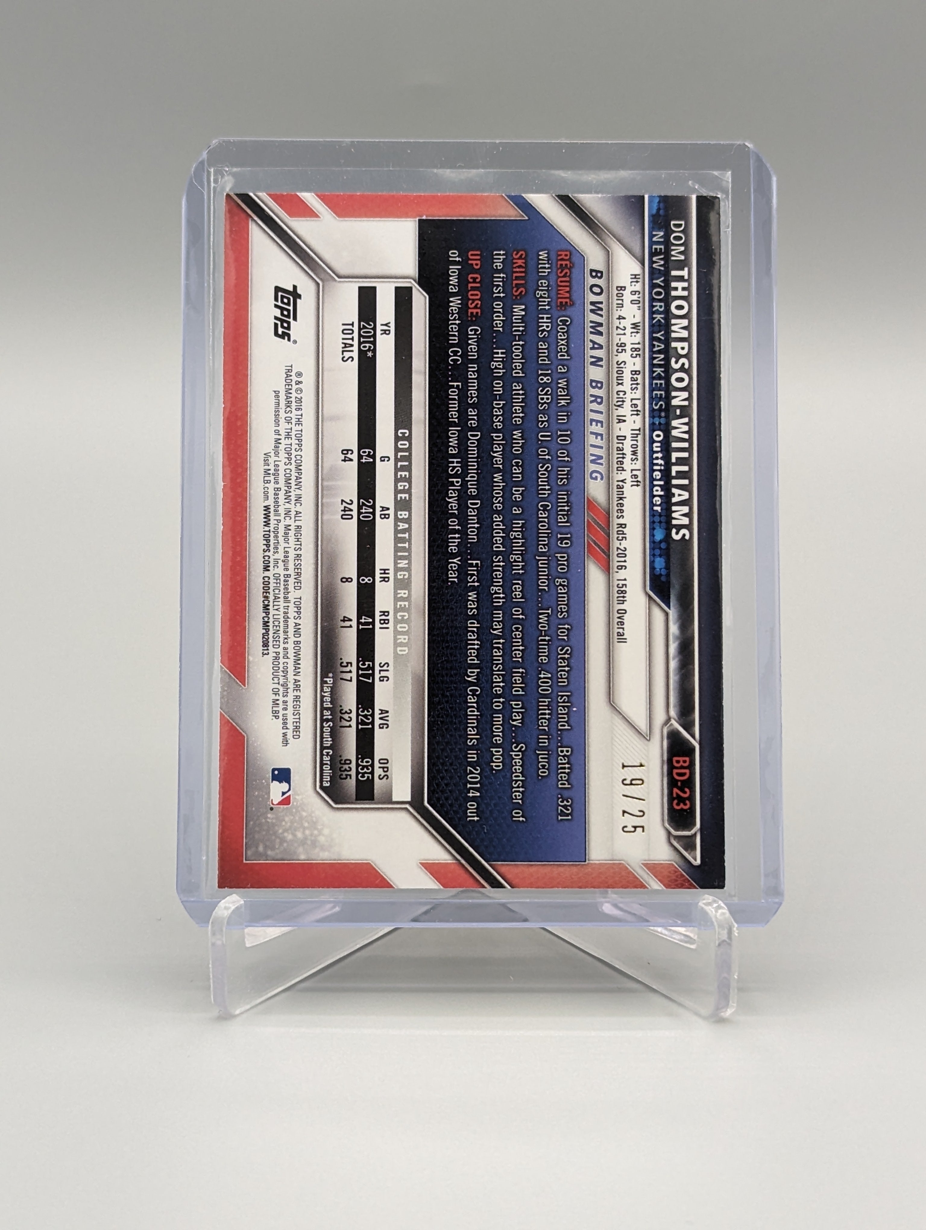 2016 Bowman Orange #BD-23 Dom Thompson-Williams #/25 Yankees