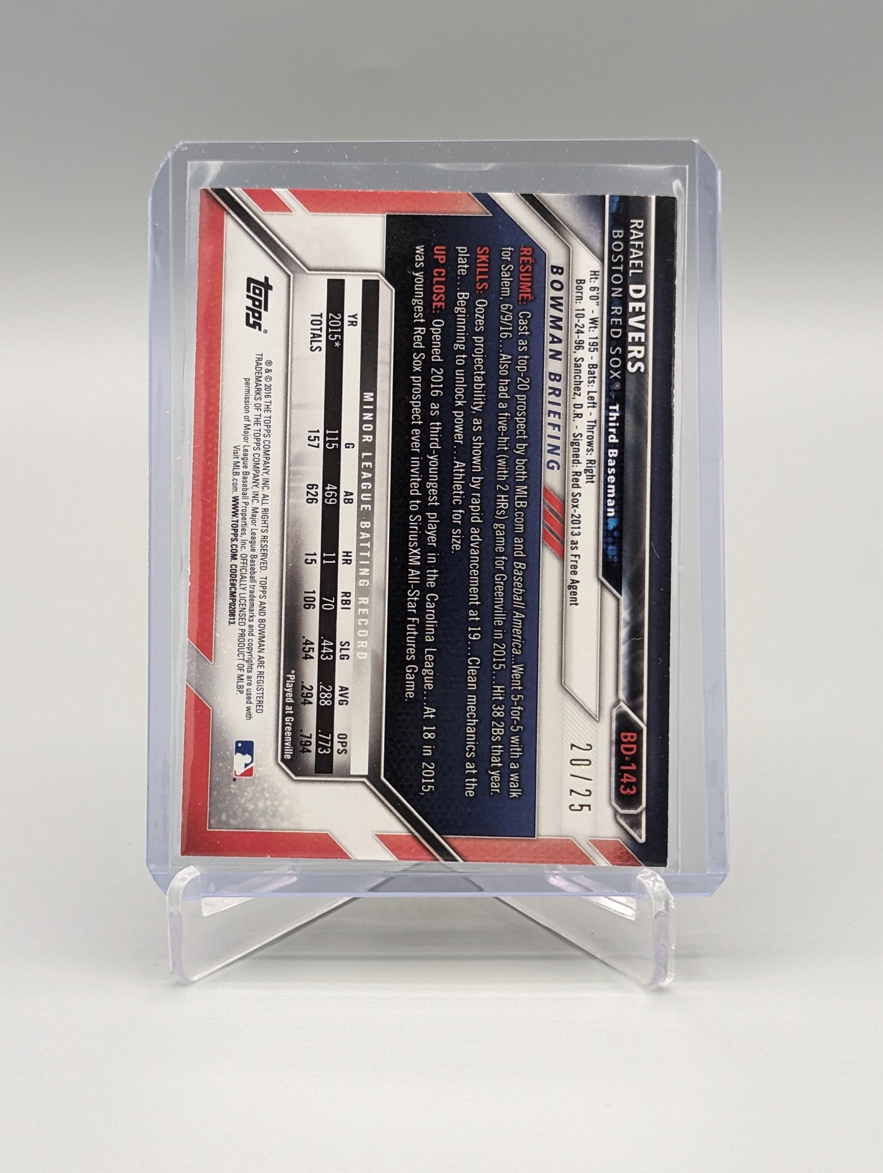 2016 Bowman Orange #BD-143 Rafael Devers #/25 Red Sox