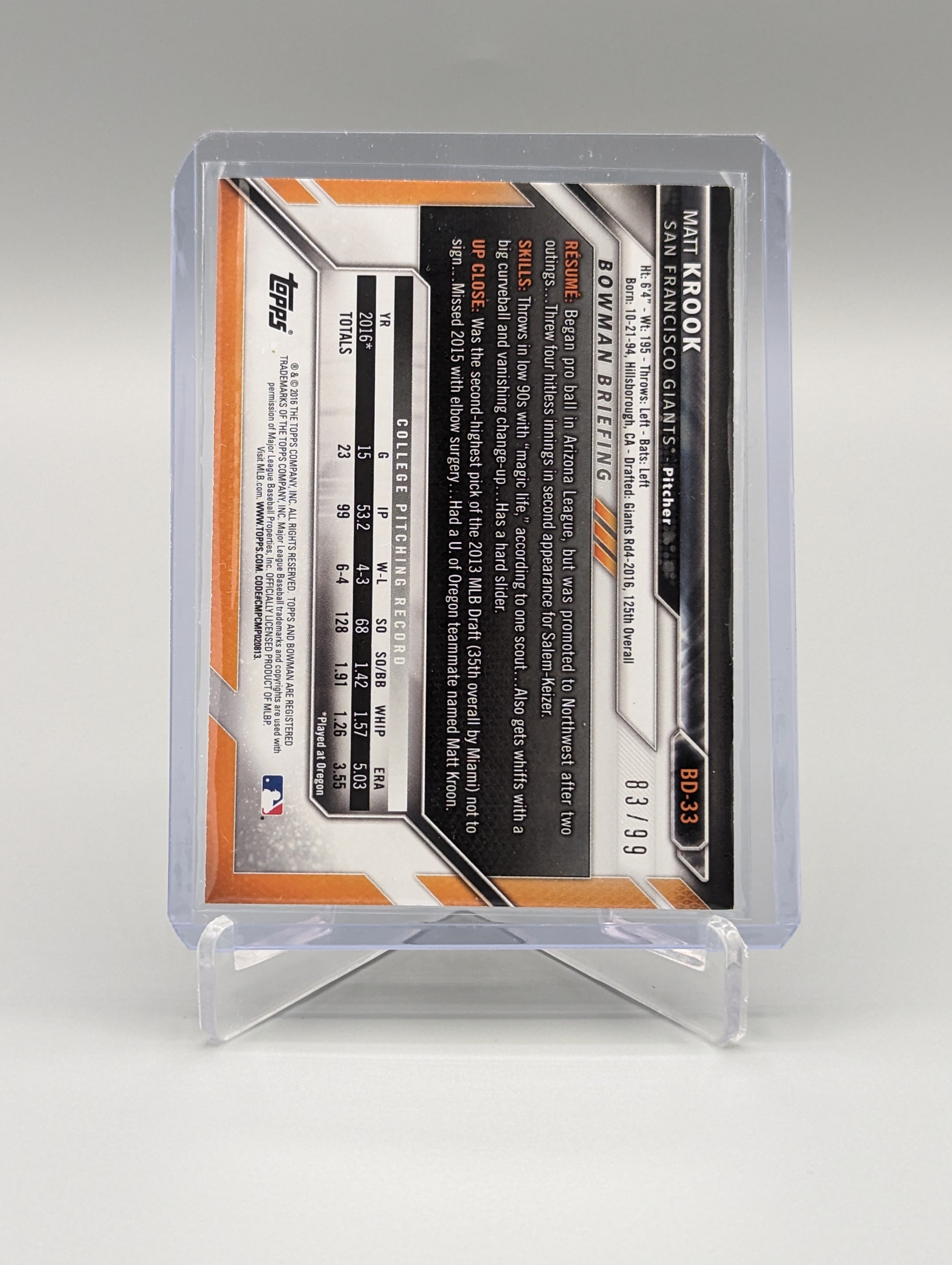 2016 Bowman Green #BD-33 Matt Krook #/99 Giants