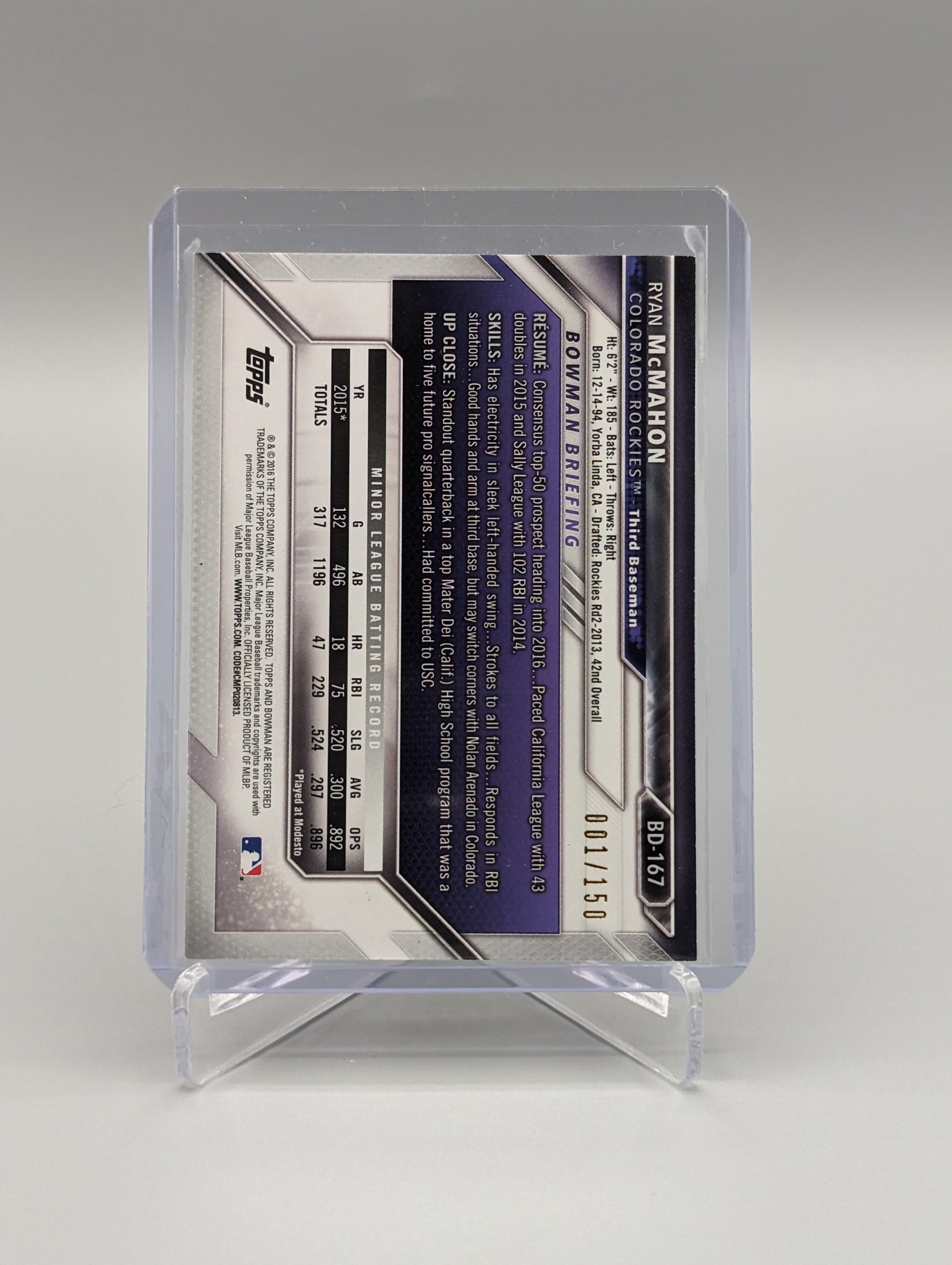 2016 Bowman Blue #BD-167 Ryan McMahon #/150 Rockies