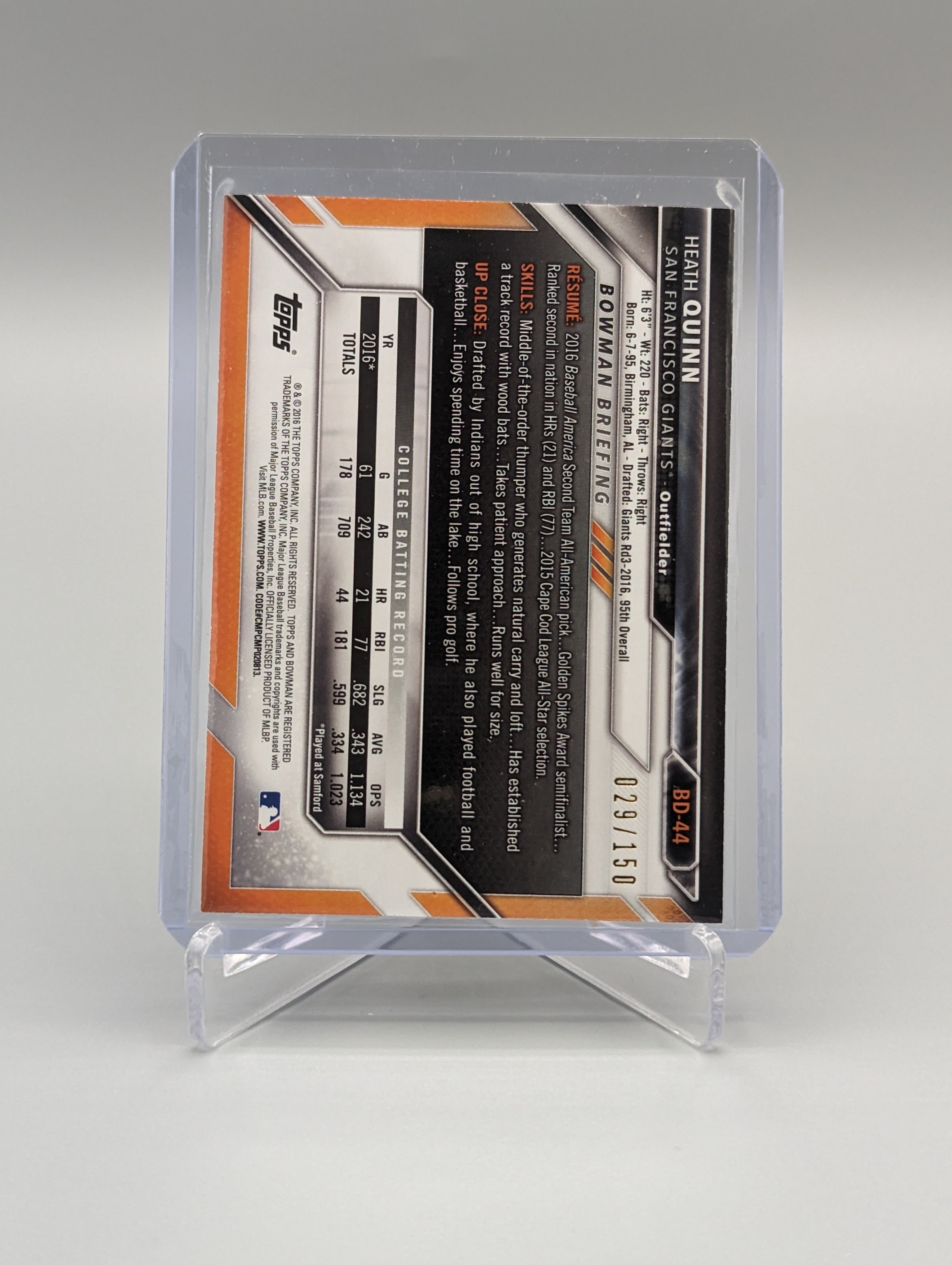 2016 Bowman Blue #BD-44 Heath Quinn #/150 Giants