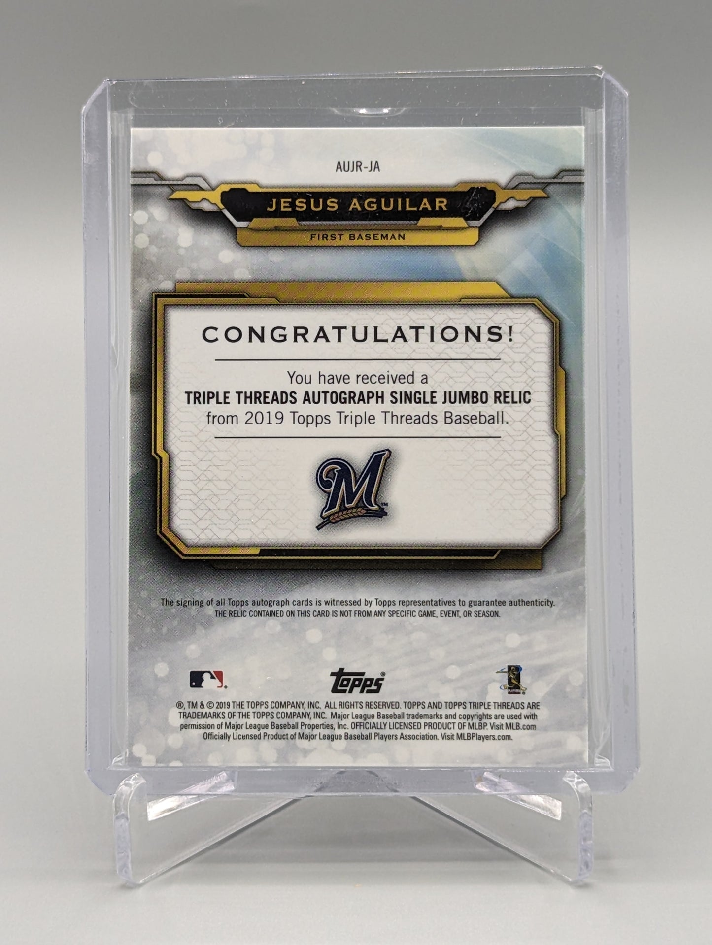 2019 Topps Triple Threads Unity Relic Auto #AUJR-JA Jesus Aguilar #/50 Brewers