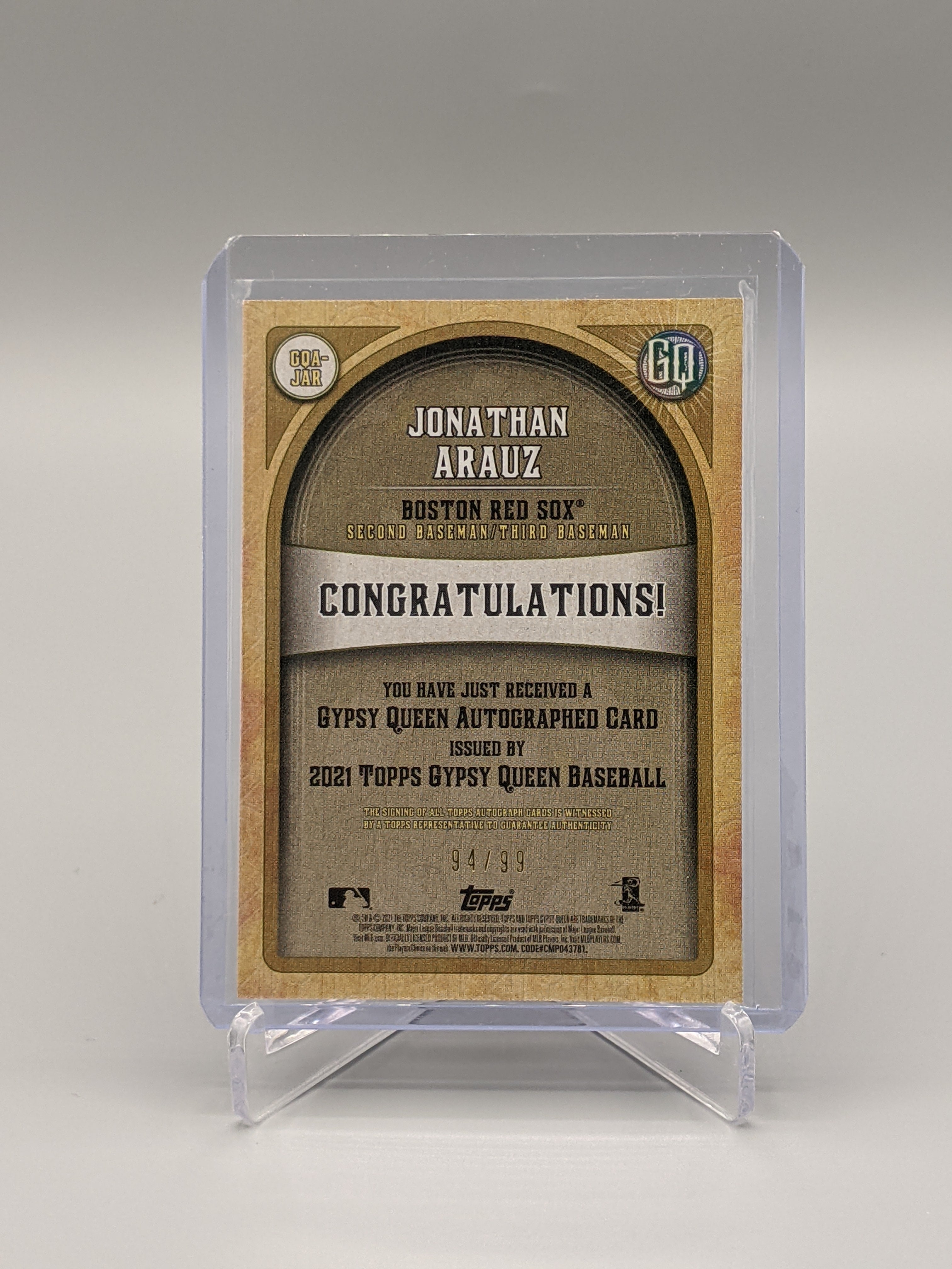 2021 Topps Gypsy Queen Indigo Auto #GQA-JAR Jonathan Arauz RC #/99 Red Sox