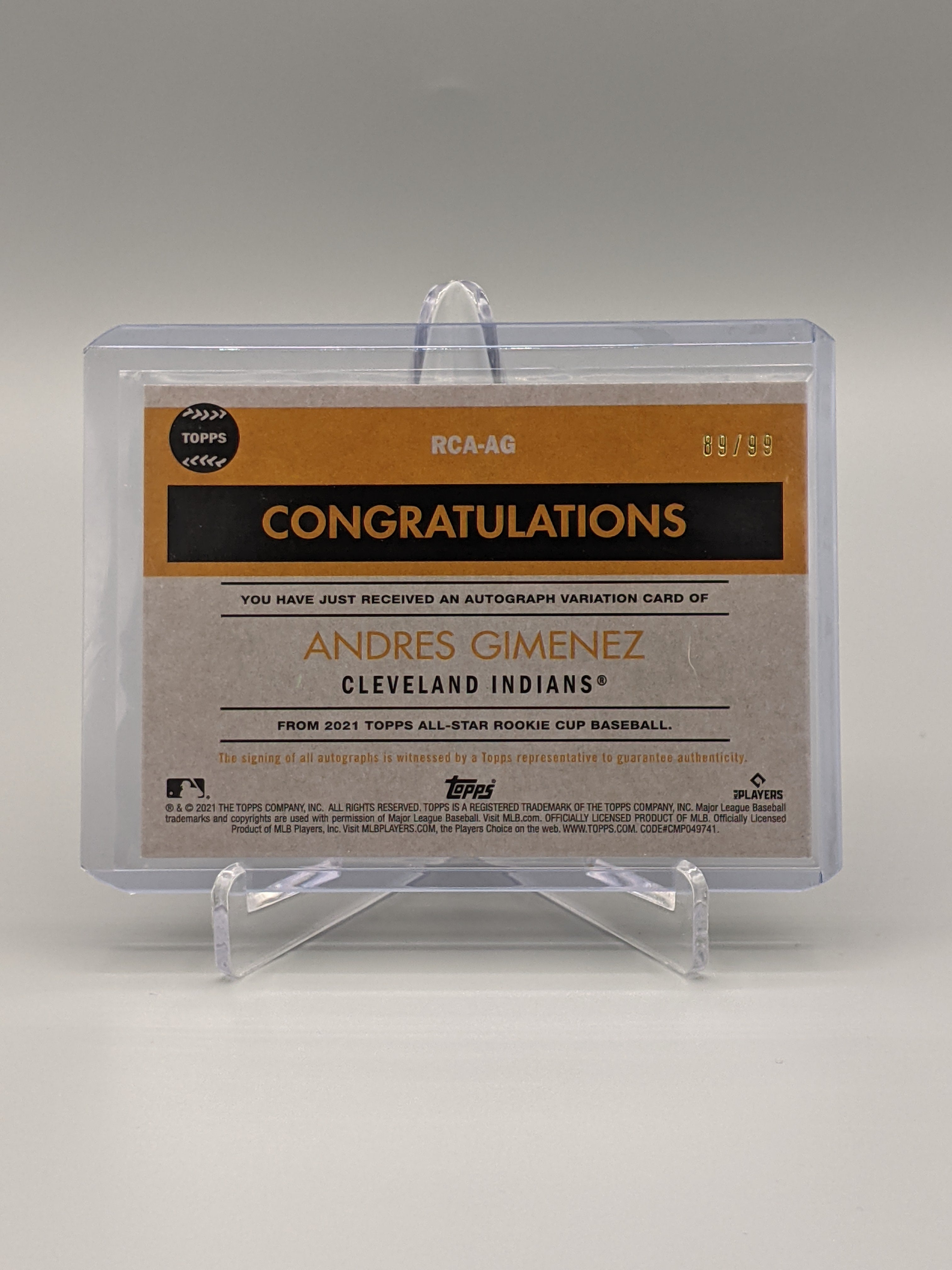 2021 Topps All Star Cup Holofractor Auto #RCA-AG Andres Gimenez RC #/99 Guardians