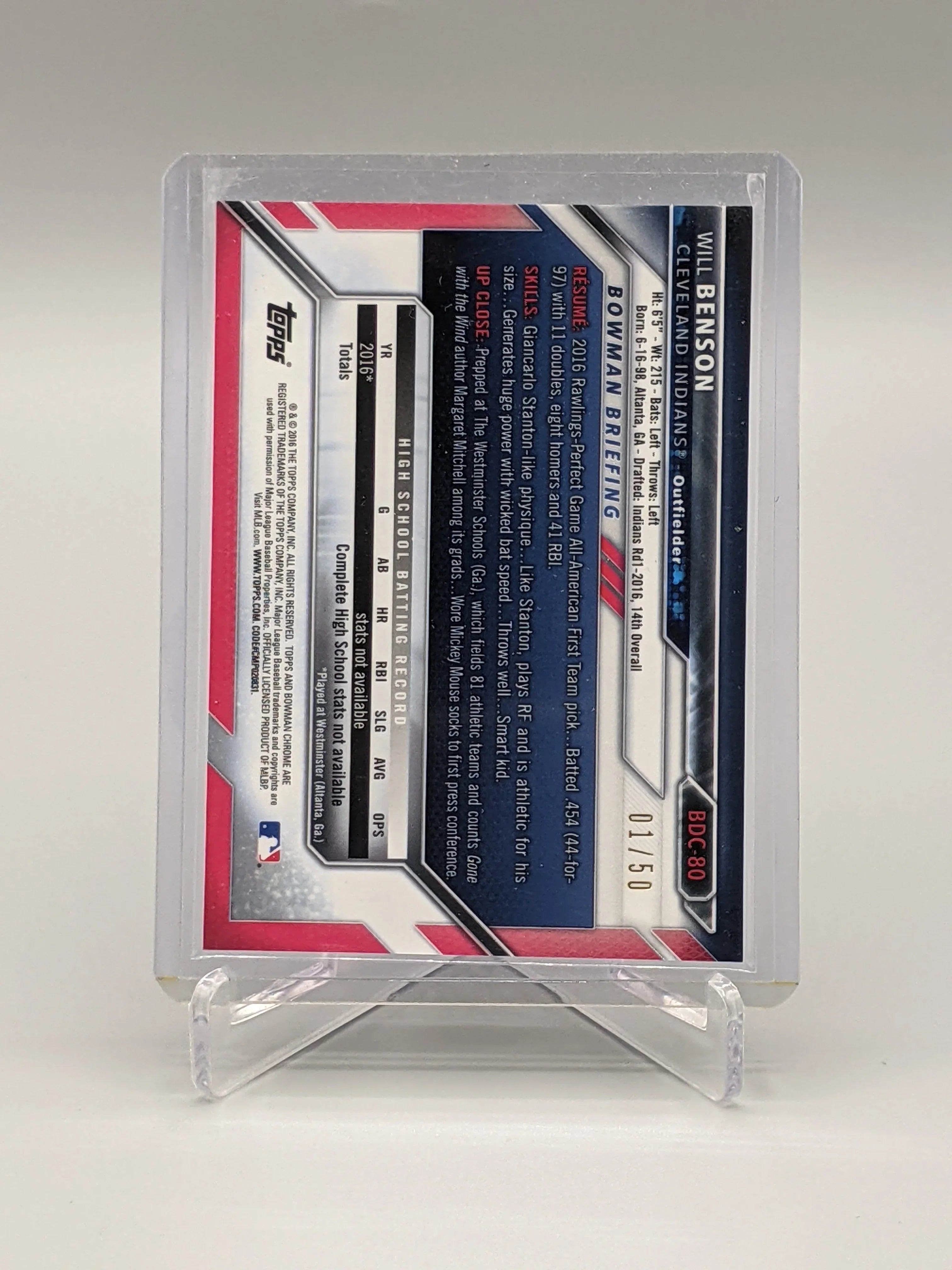 2016 Bowman Chrome Gold #BDC-80 Will Benson #/50 Indians