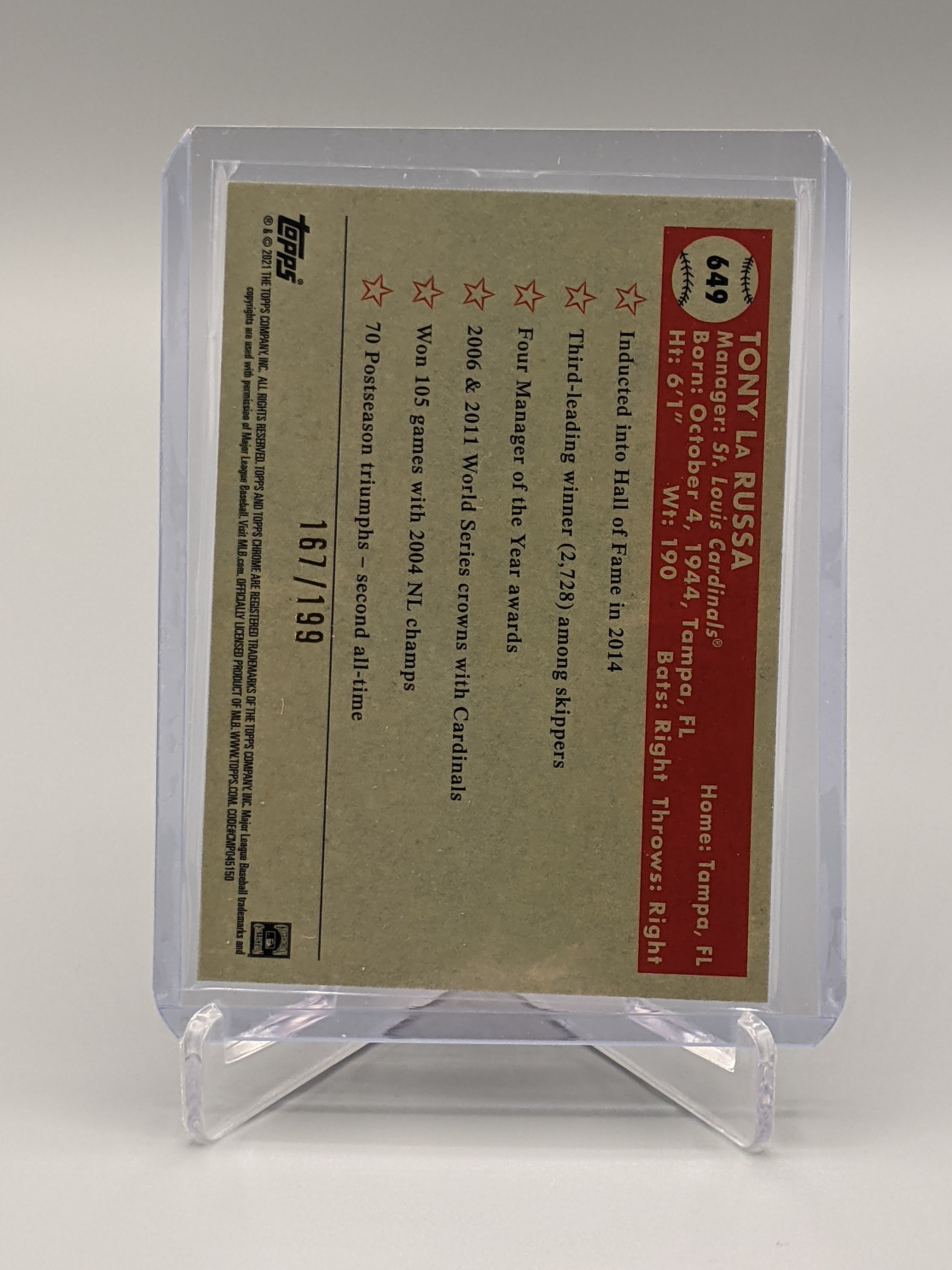 2021 Topps Chrome Platinum Anniversary #649 Tony La Russa #/199 Cardinals
