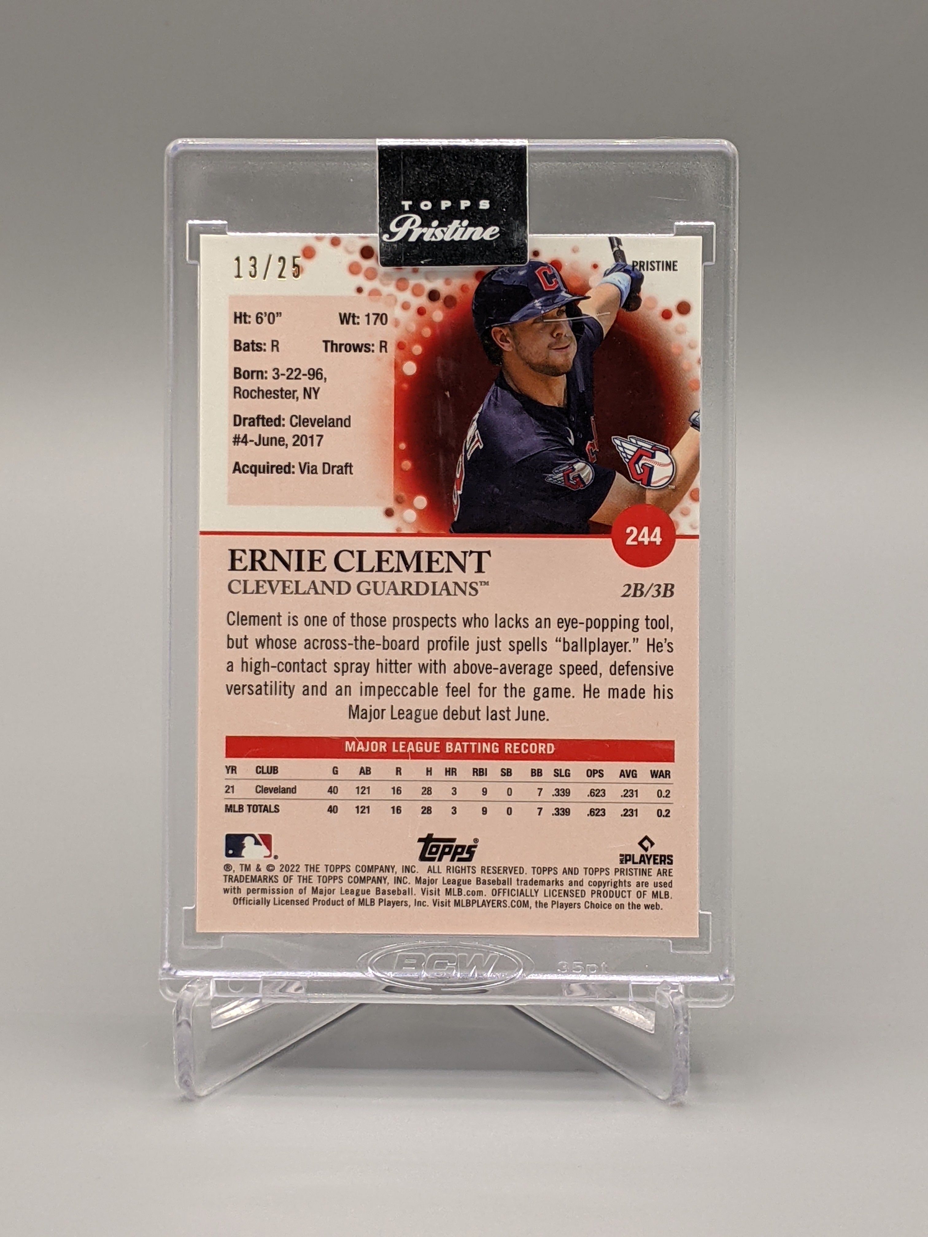 2022 Topps Pristine Encased Orange #244 Ernie Clement RC #/25 Guardians