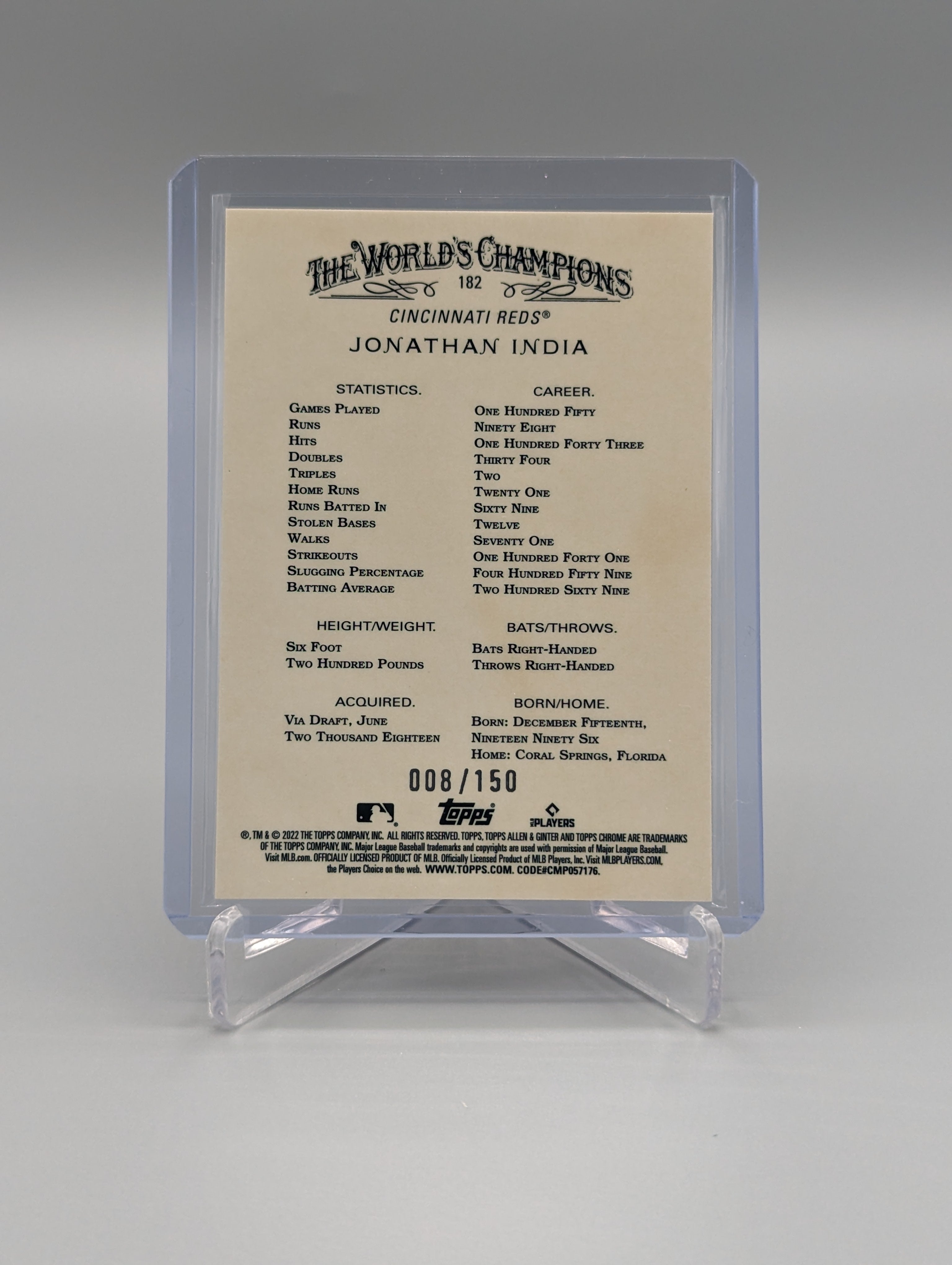 2022 Topps Allen & Ginter Chrome Blue Refractor #182 Jonathan India Reds #/150