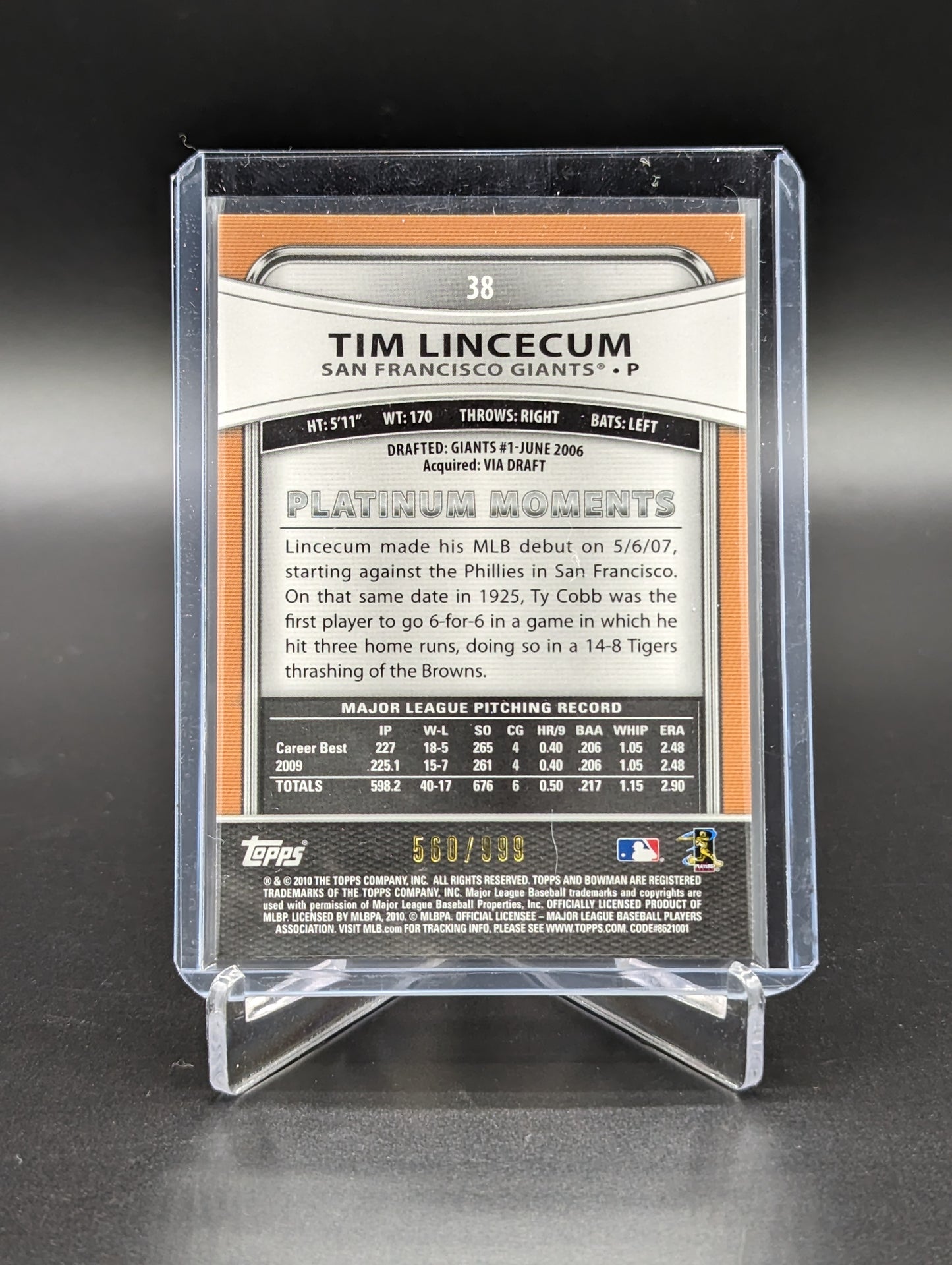 2010 Bowman Platinum Refractor #38 Tim Lincecum #/999 Giants