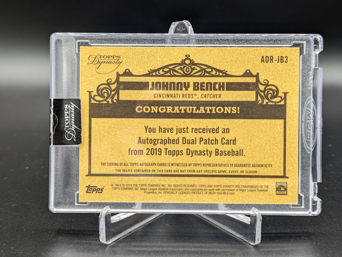 2019 Topps Dynasty #ADR-JB3 Johnny Bench Dual Patch Auto #1/1