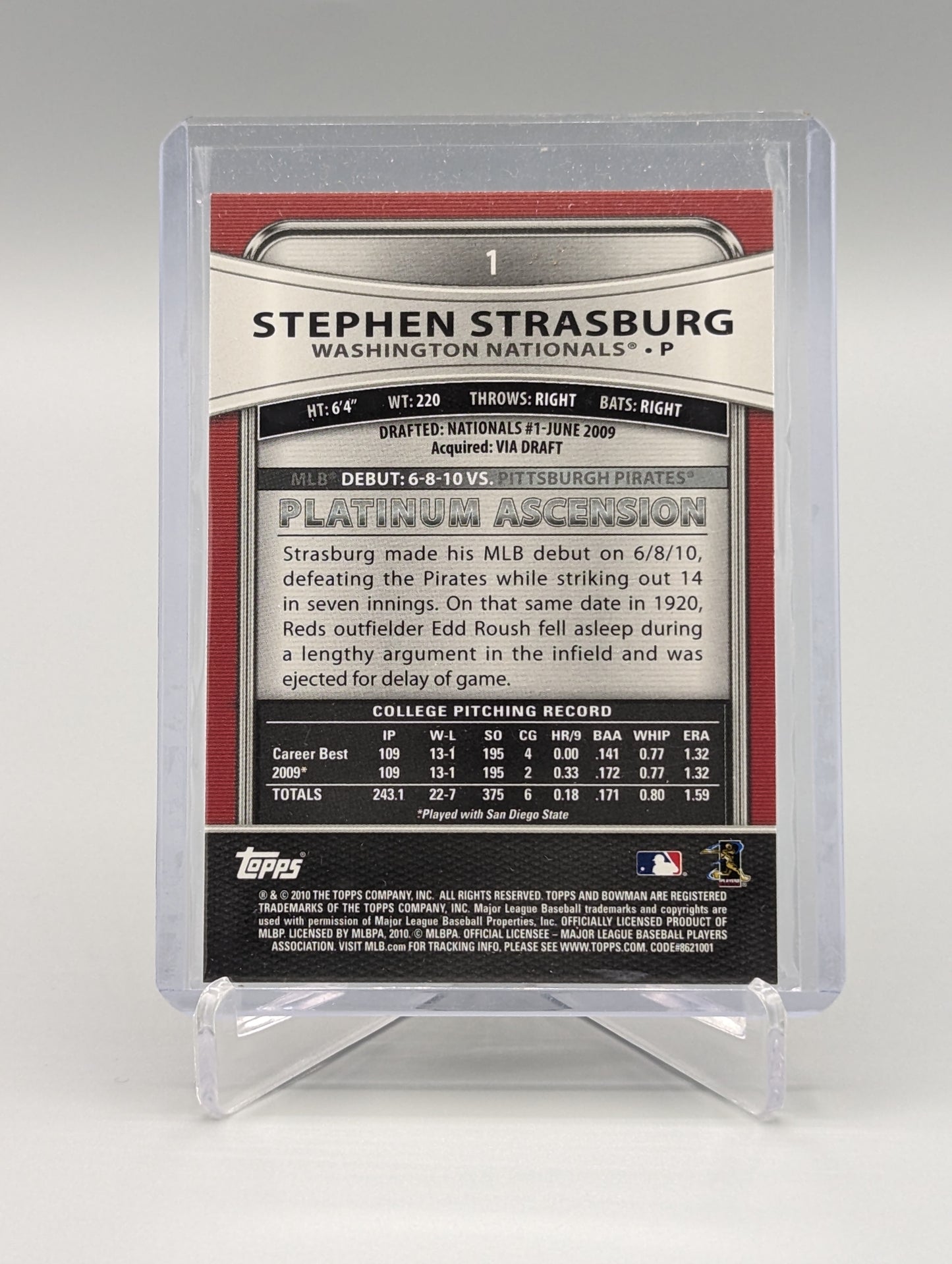 2010 Bowman Platinum #1 Stephen Strasburg RC Nationals