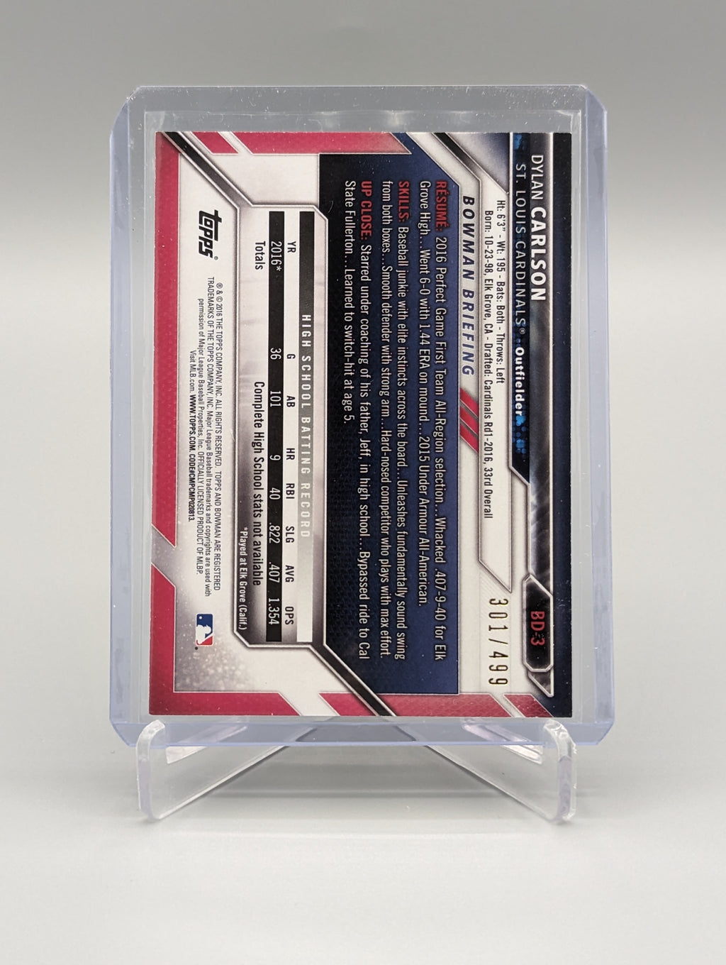 2016 Bowman Silver #BD-3 Dylan Carlson #/499 Cardinals