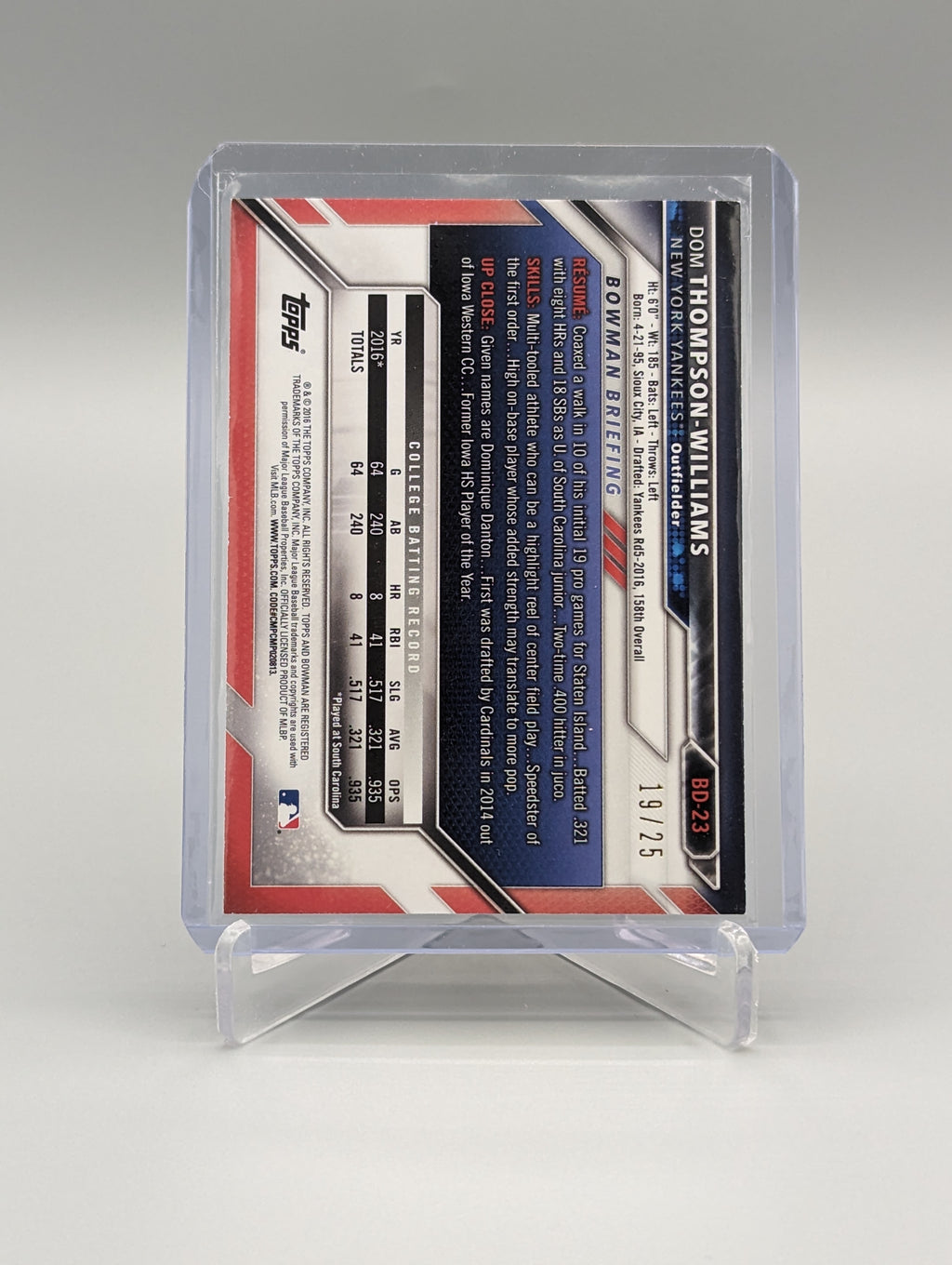 2016 Bowman Orange #BD-23 Dom Thompson-Williams #/25 Yankees