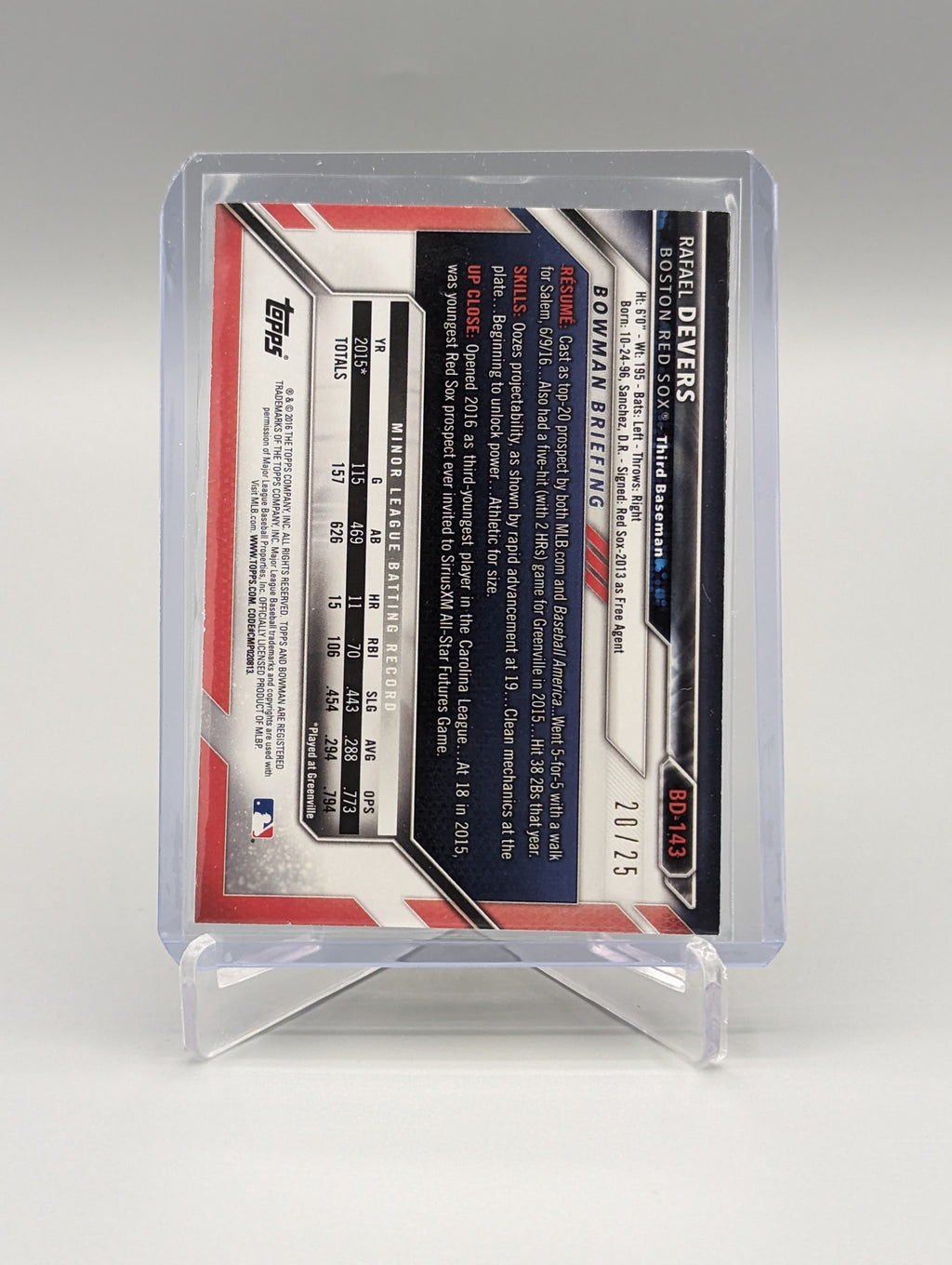 2016 Bowman Orange #BD-143 Rafael Devers #/25 Red Sox