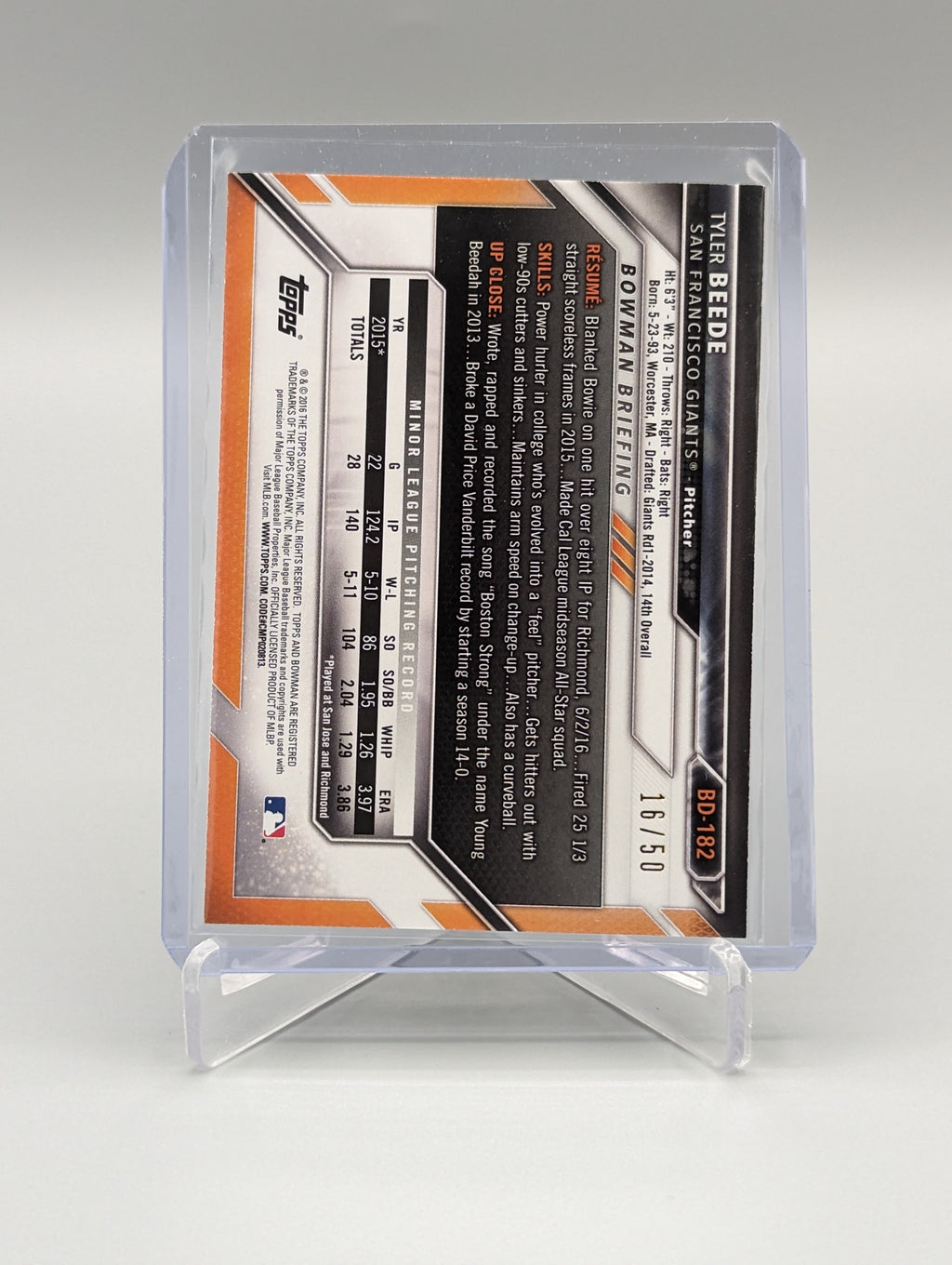 2016 Bowman Gold #BD-182 Tyler Beede Giants #/50