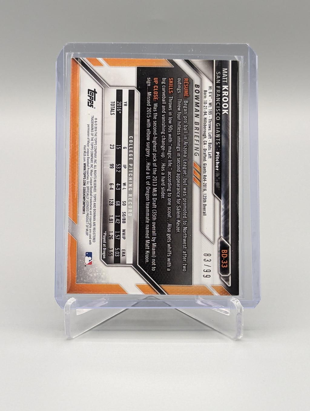 2016 Bowman Green #BD-33 Matt Krook #/99 Giants