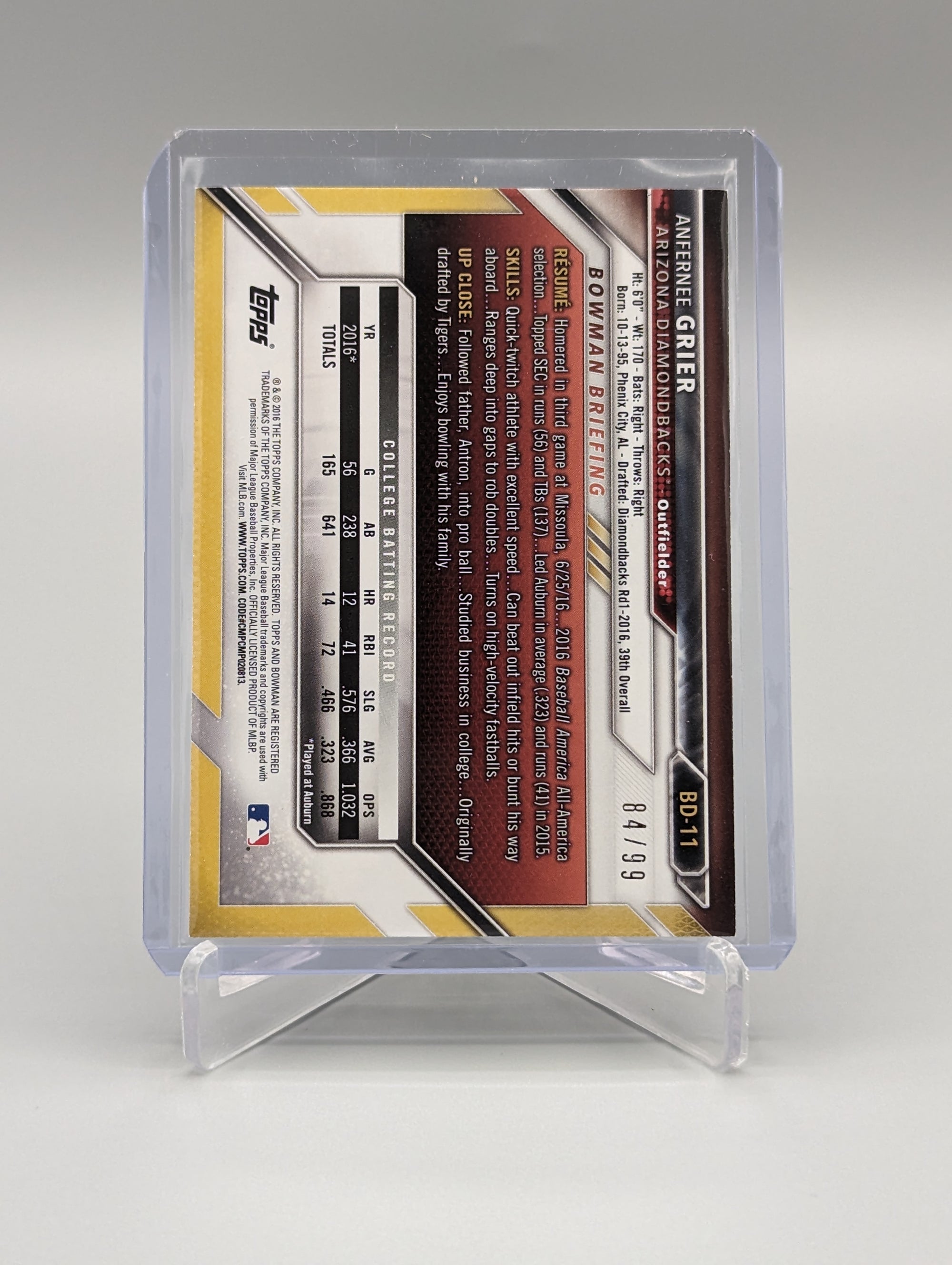 2016 Bowman Green #BD-11 Anfernee Grier #/99 Diamondbacks
