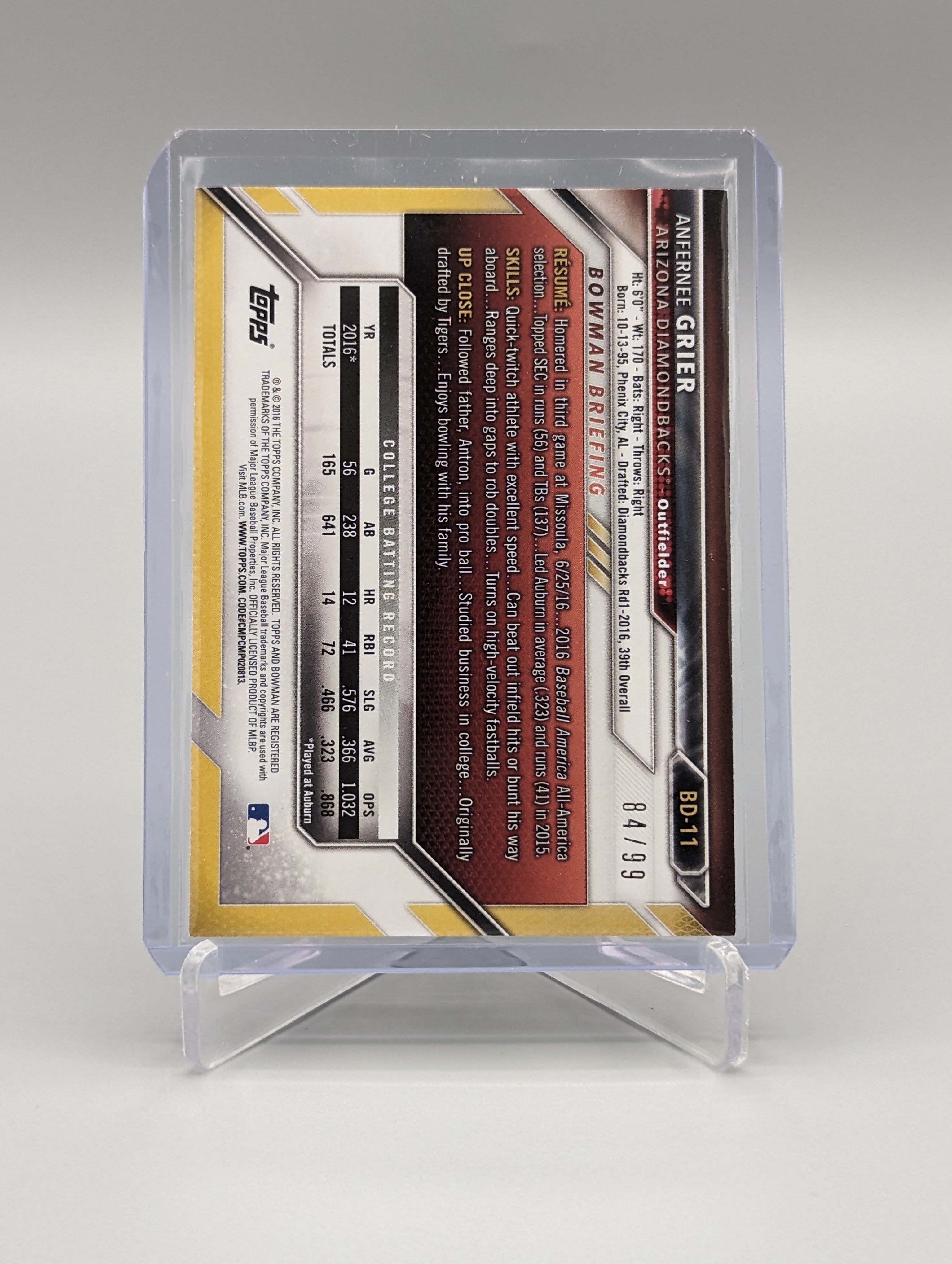 2016 Bowman Green #BD-11 Anfernee Grier #/99 Diamondbacks