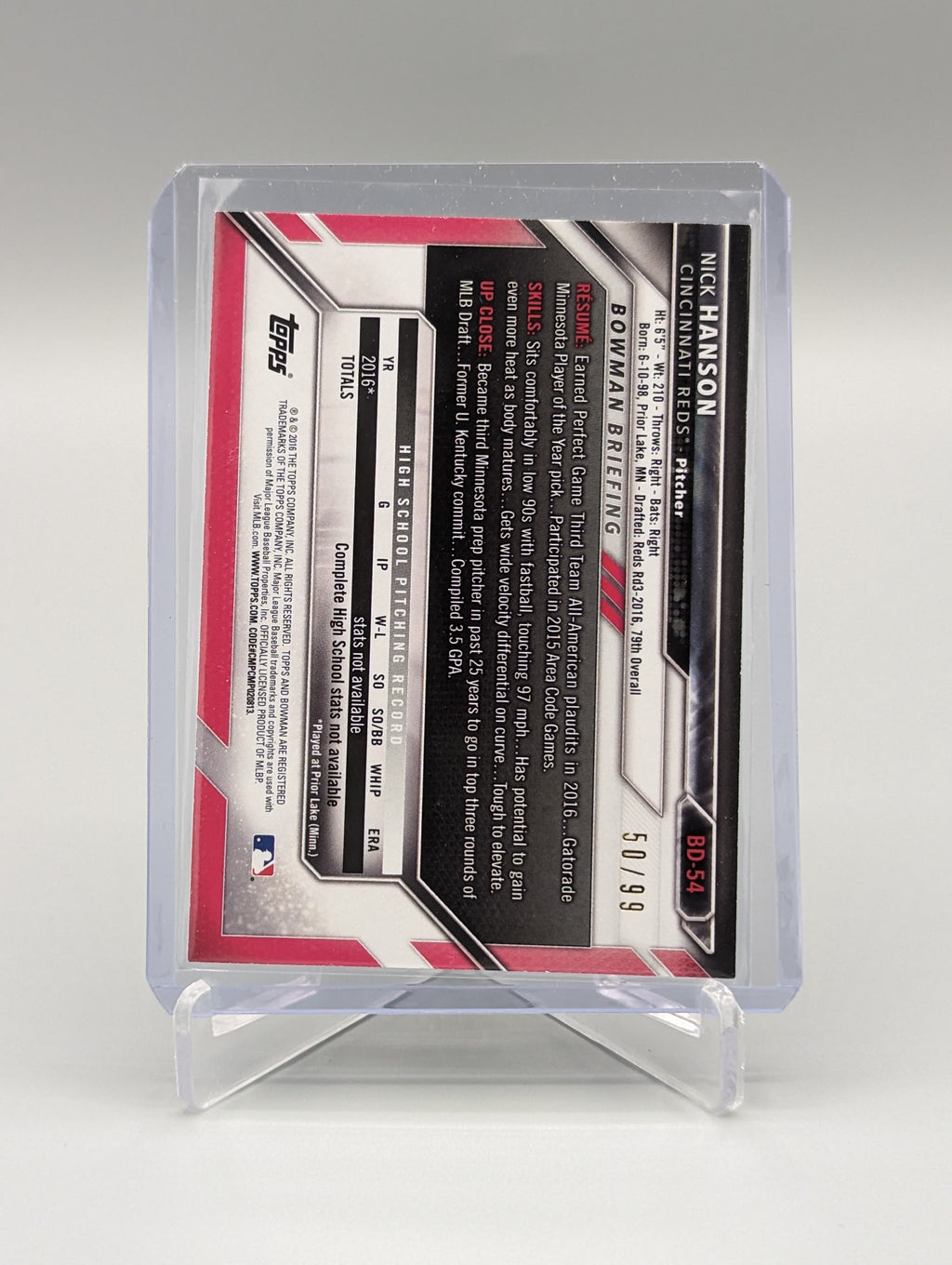 2016 Bowman Green #BD-54 Nick Hanson #/99 Reds