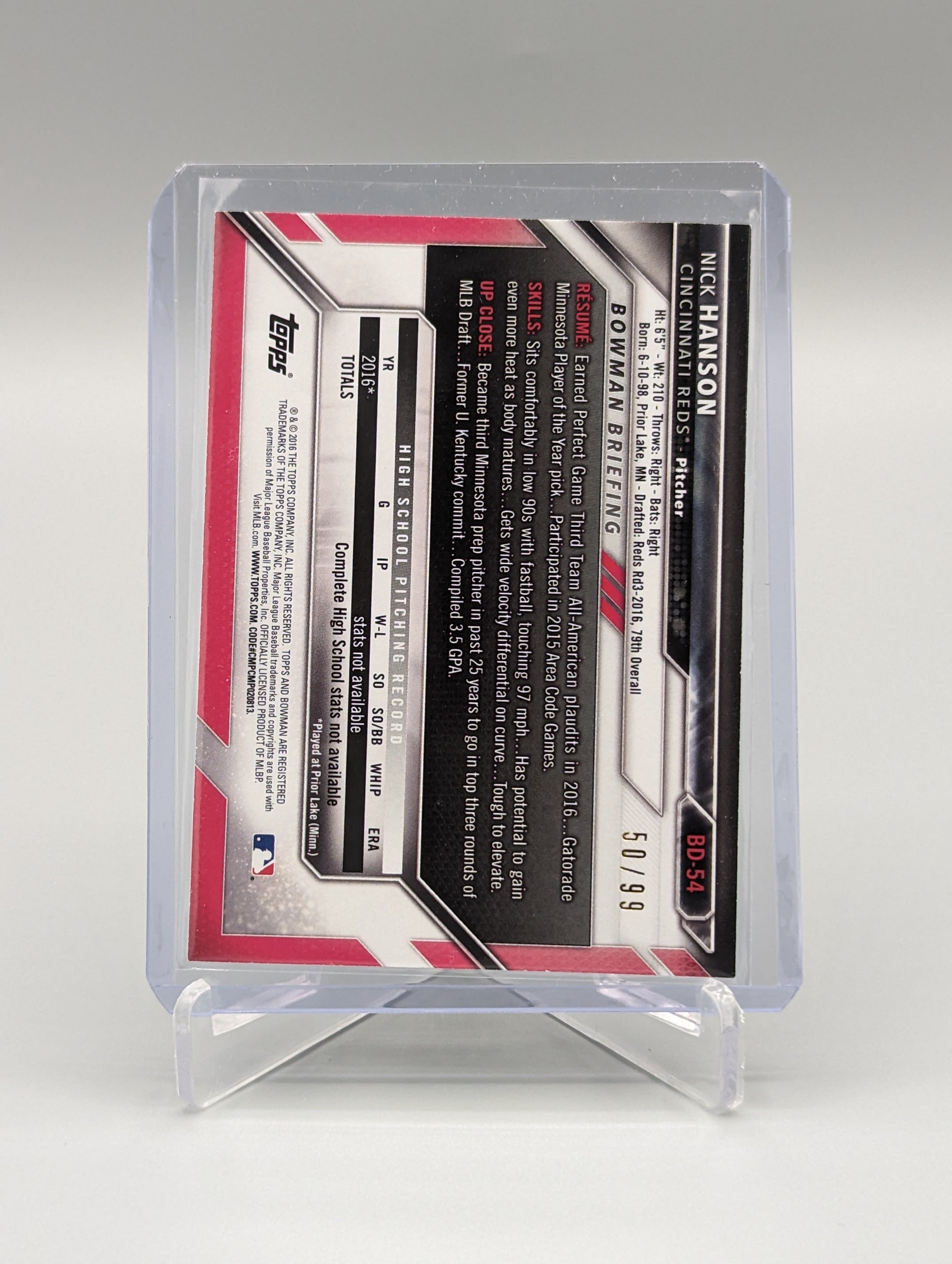 2016 Bowman Green #BD-54 Nick Hanson #/99 Reds