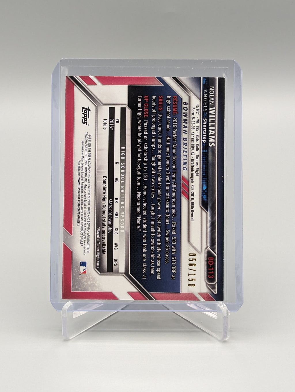 2016 Bowman Blue #BD-113 Nolan Williams #150 Angels