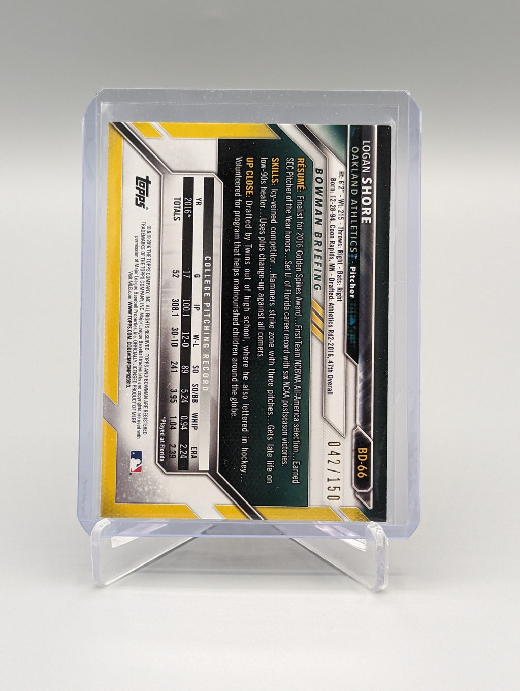 2016 Bowman Blue #BD-66 Logan Shore #/150 A's Athletics