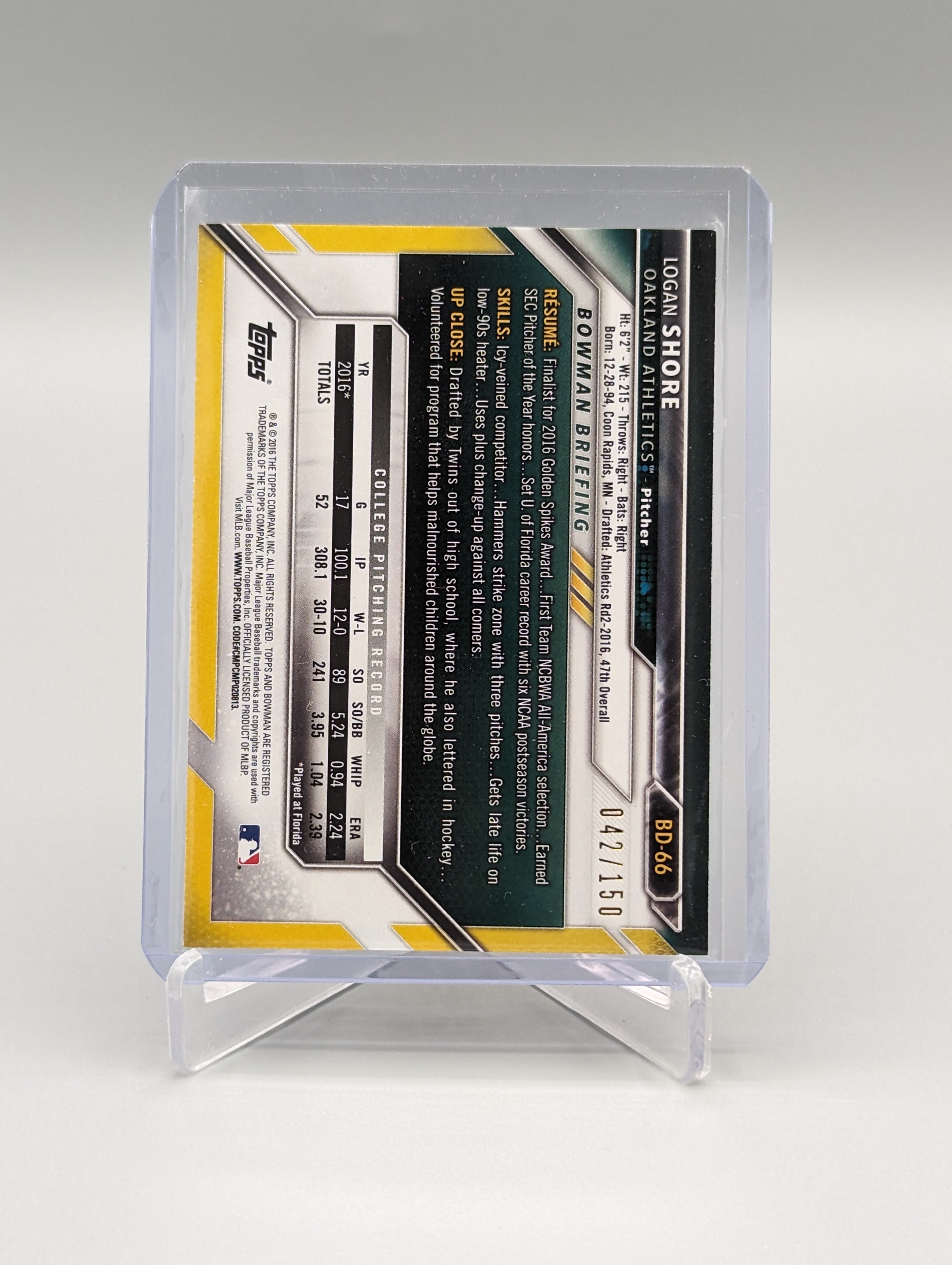 2016 Bowman Blue #BD-66 Logan Shore #/150 A's Athletics