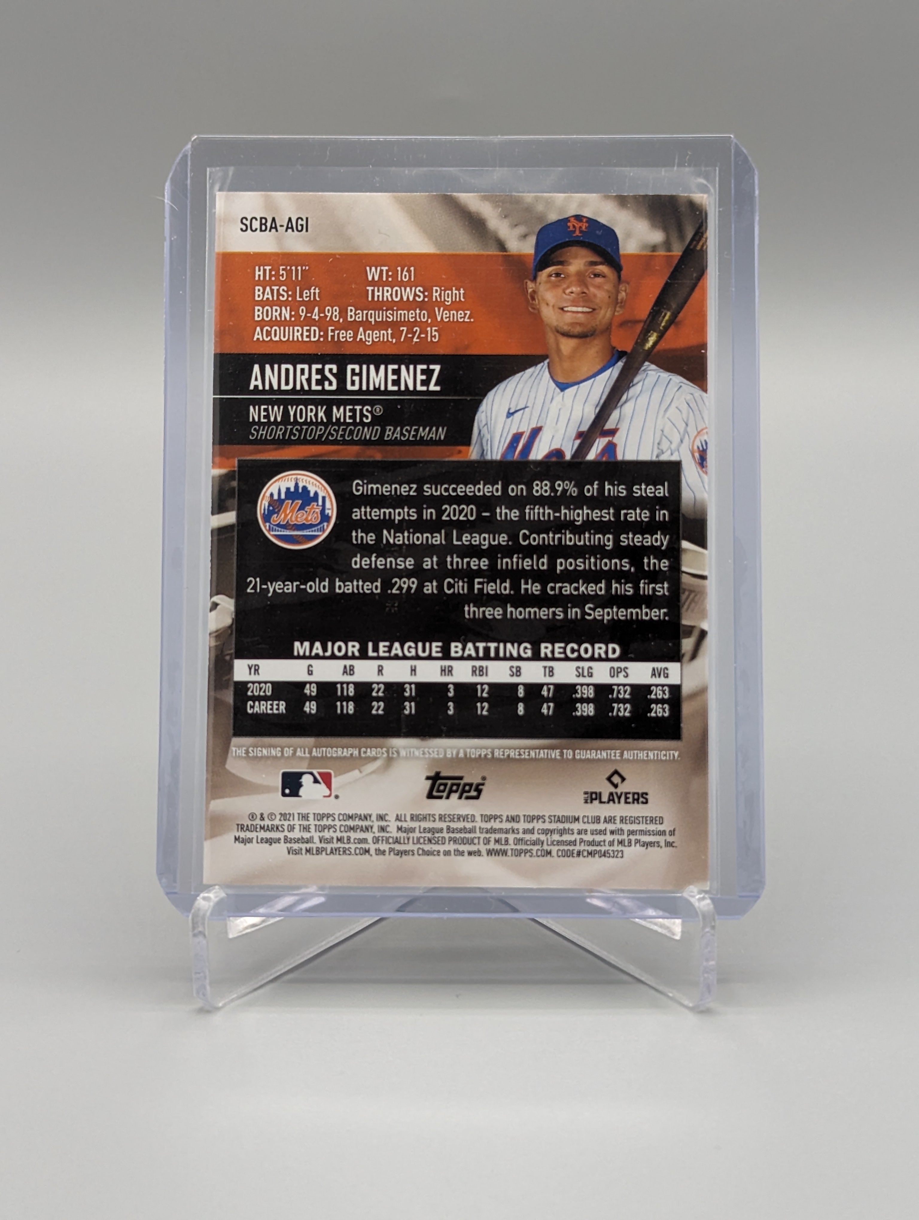 2021 Topps Stadium Club Auto #SCBA-AGI Andres Gimenez Mets