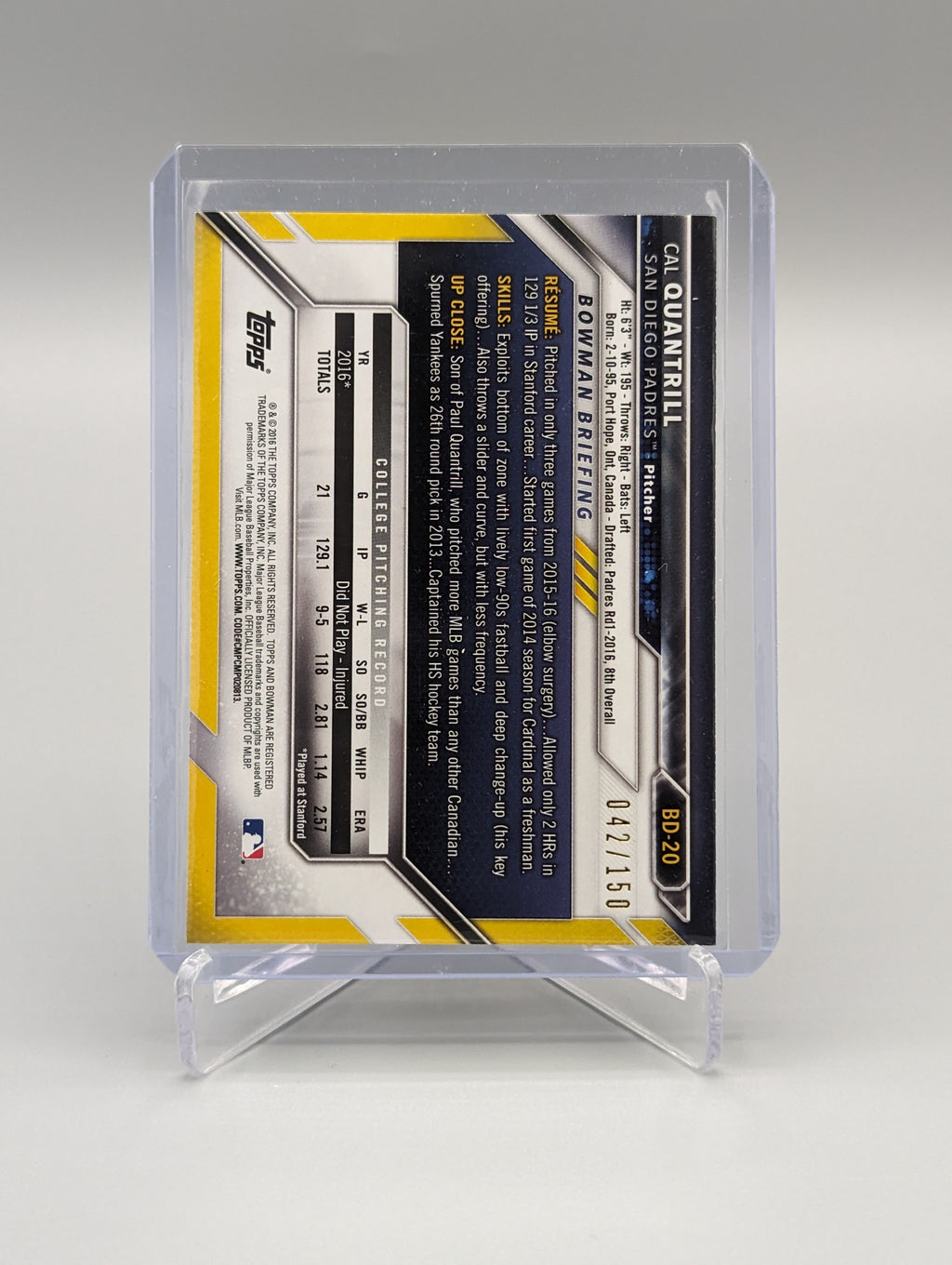 2016 Bowman Blue #BD-20 Cal Quantrill #/150 Padres