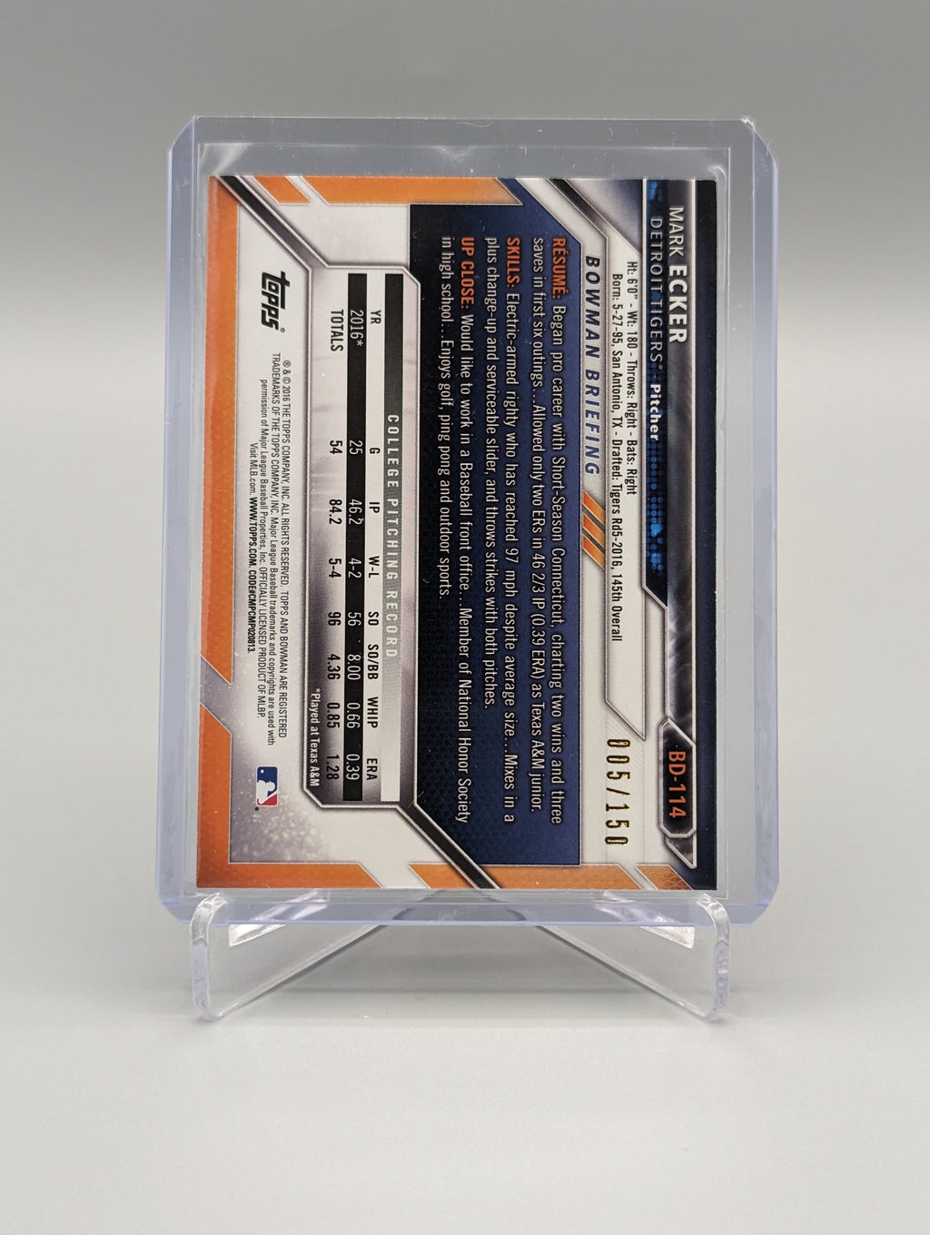 2016 Bowman Blue #BD-114 Mark Ecker #/150 Tigers