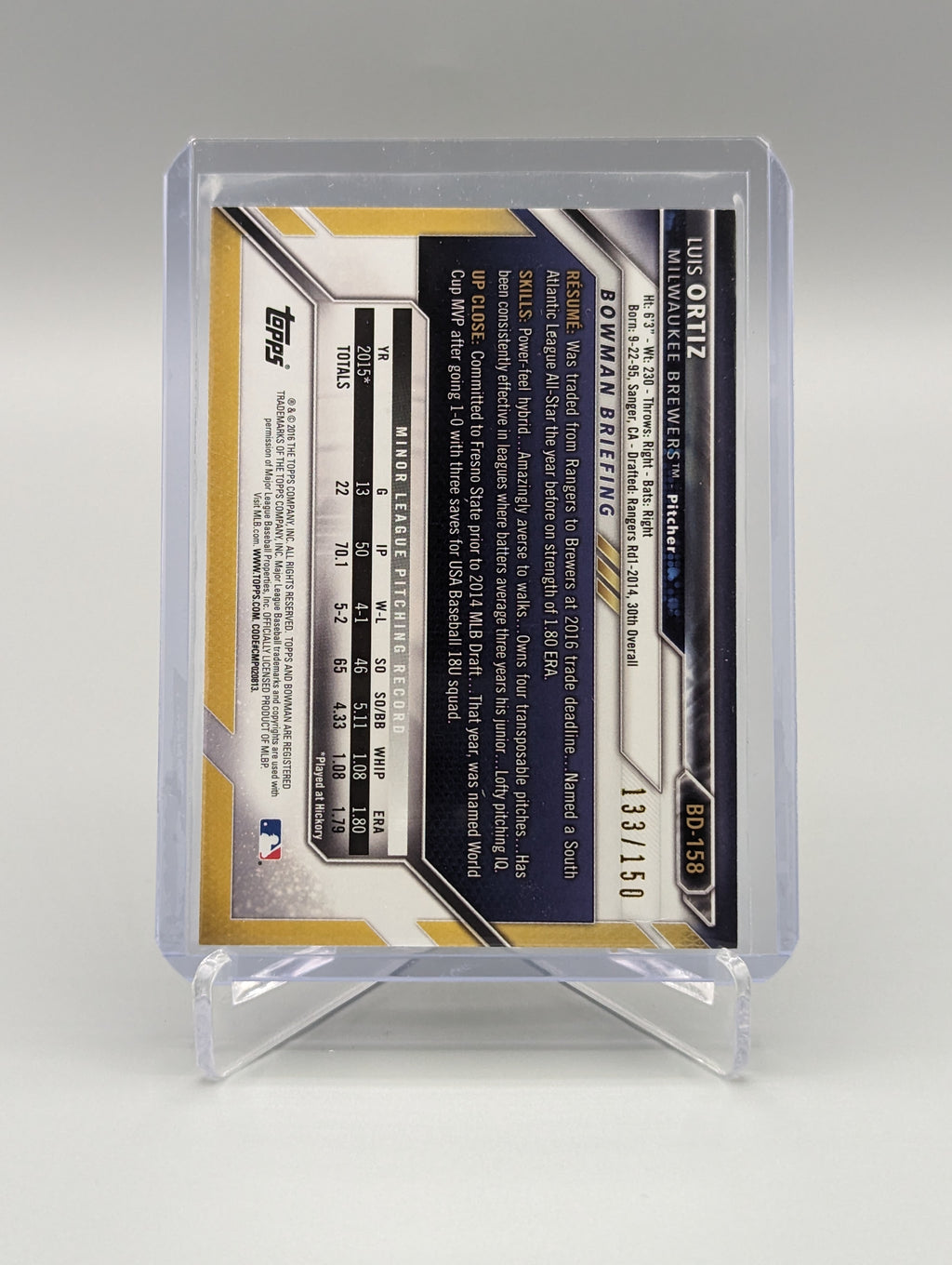 2016 Bowman Blue #BD-158 Luis Ortiz #/150 Brewers