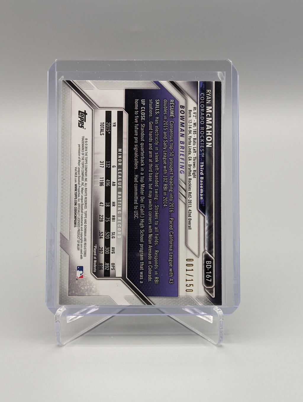 2016 Bowman Blue #BD-167 Ryan McMahon #/150 Rockies