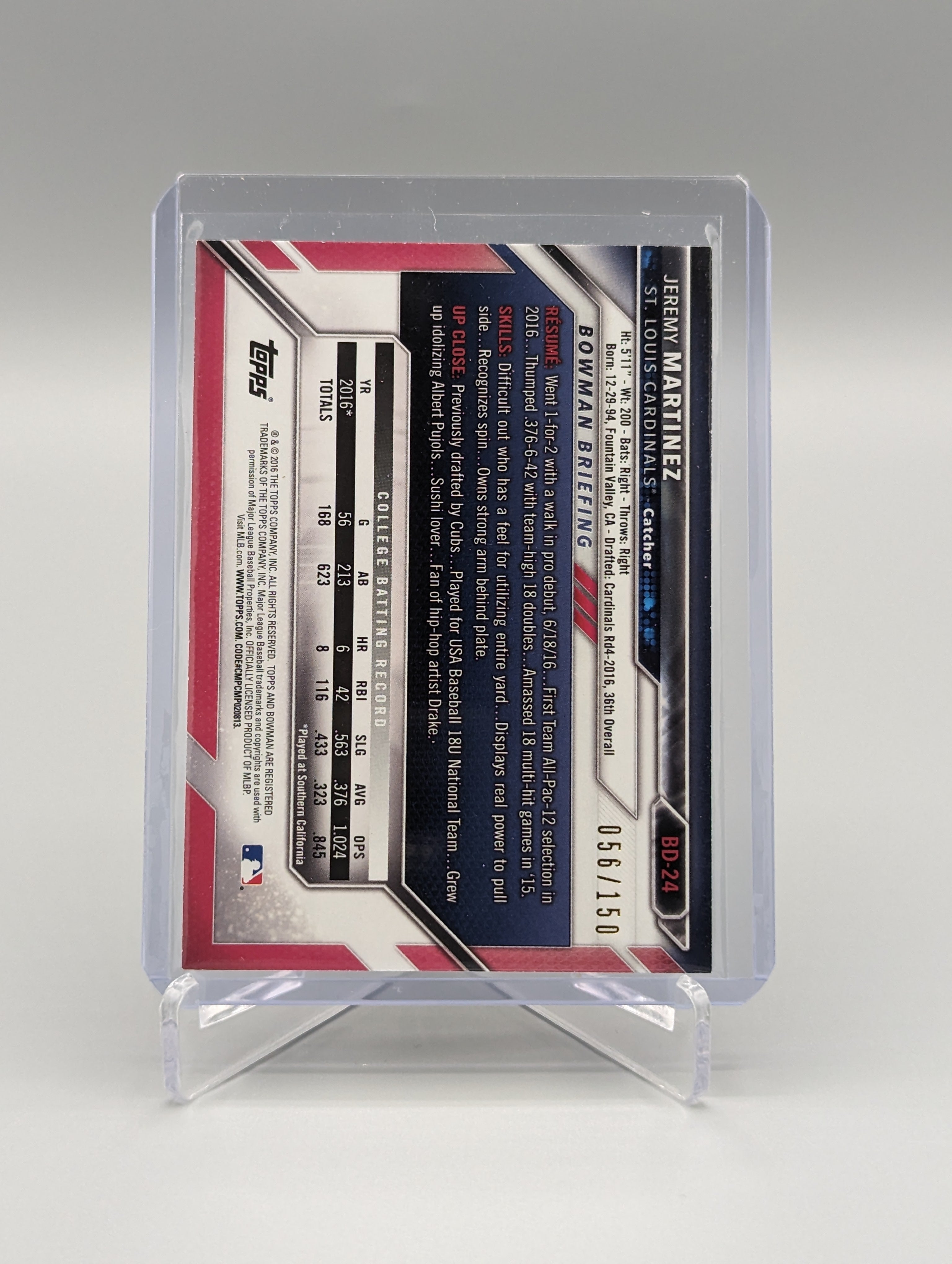 2016 Bowman Blue #BD-24 Jeremy Martinez #/150 Cardinals