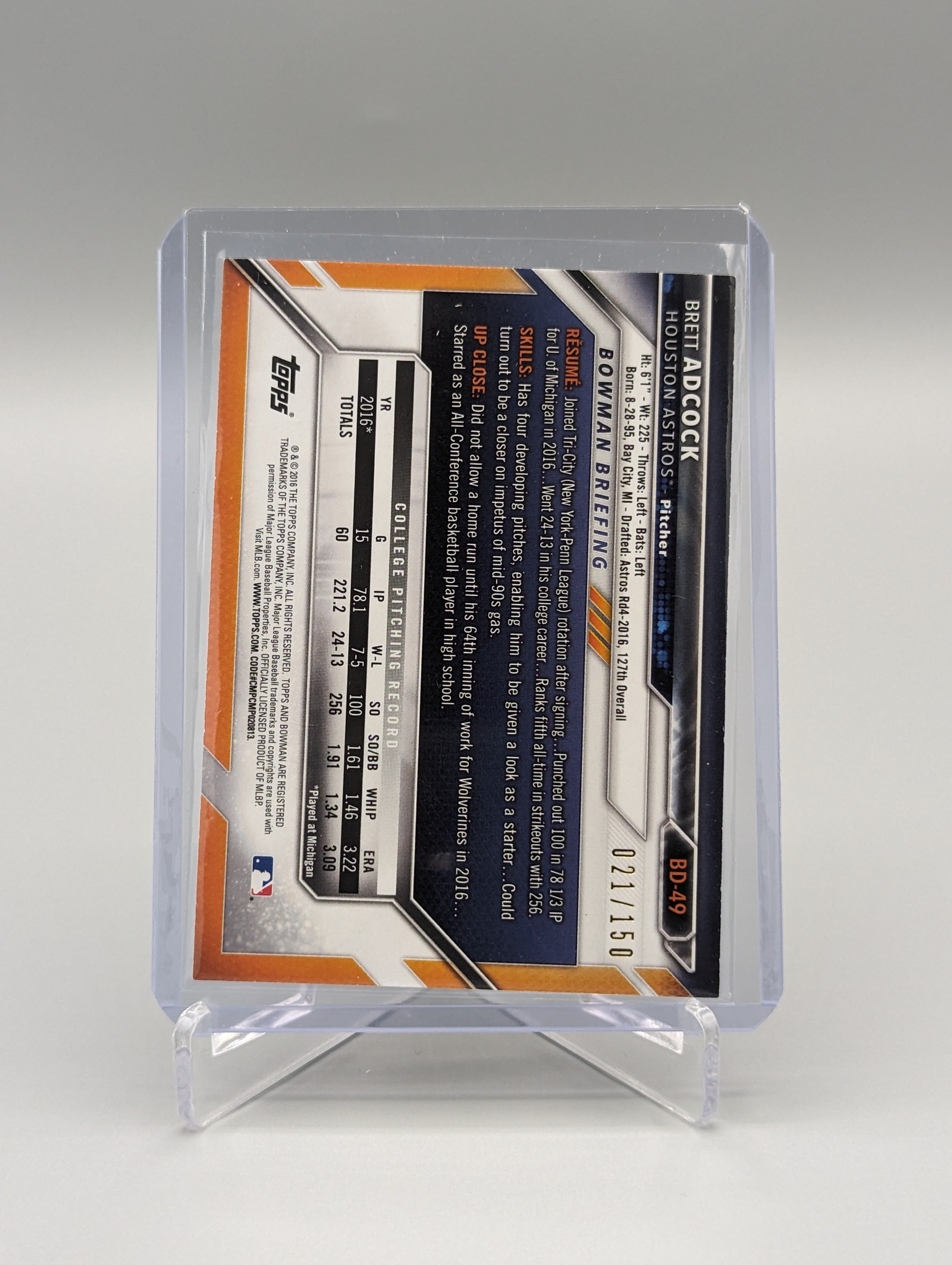 2016 Bowman Blue #BD-49 Brett Adcock #/150 Astros