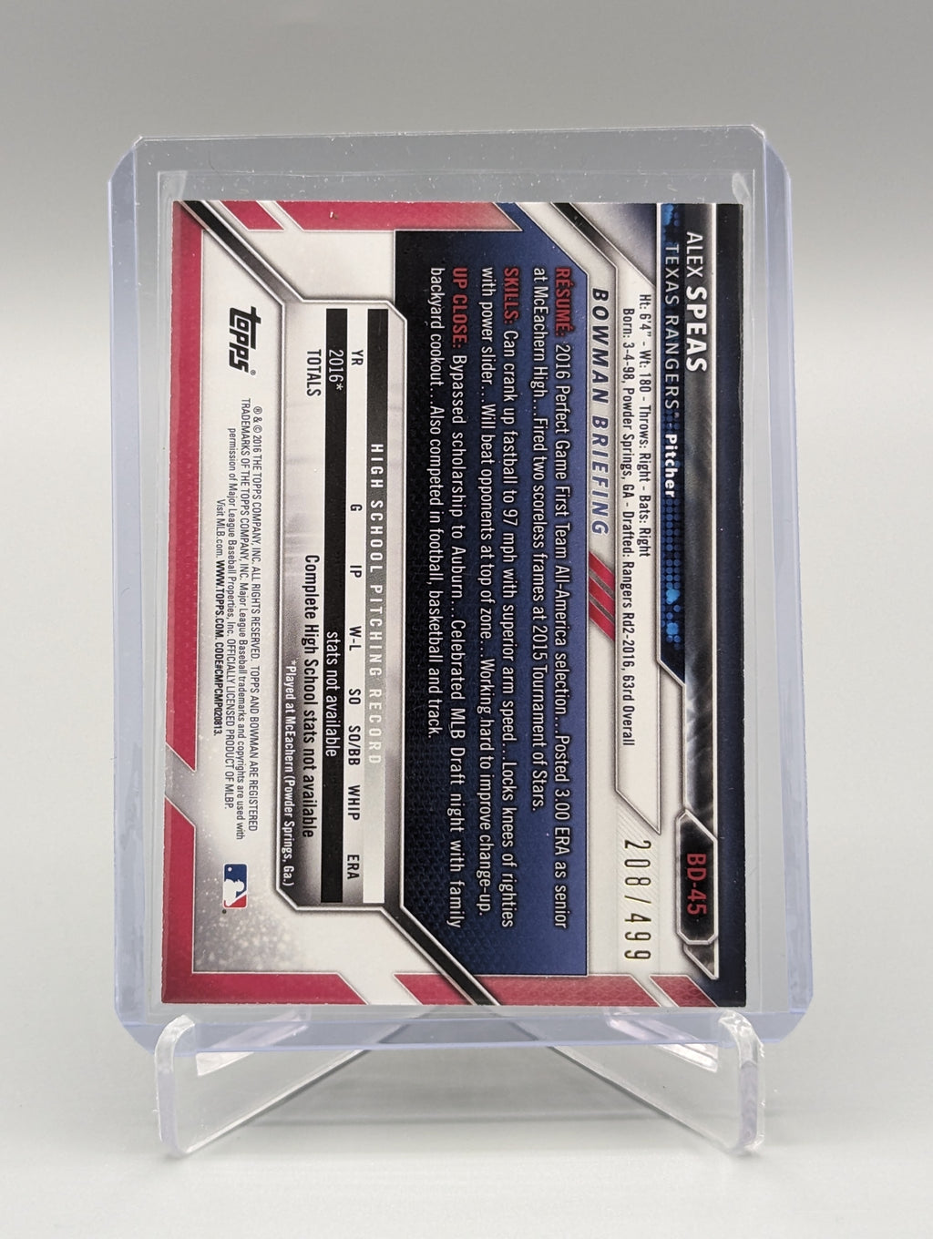 2016 Bowman Silver #BD-45 Alex Speas #/499 Rangers