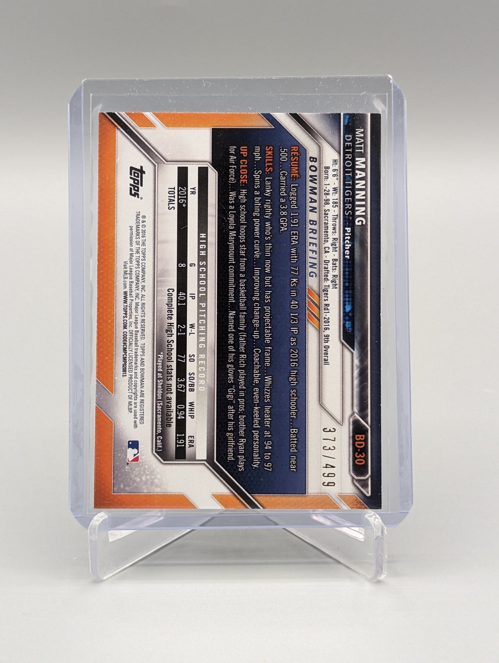 2016 Bowman Silver #BD-30 Matt Manning #/499 Tigers