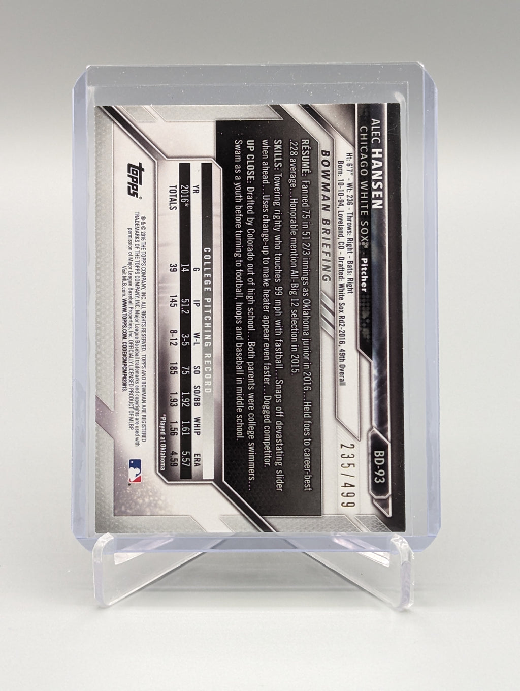 2016 Bowman Silver #BD-93 Alec Hansen #/499 White Sox