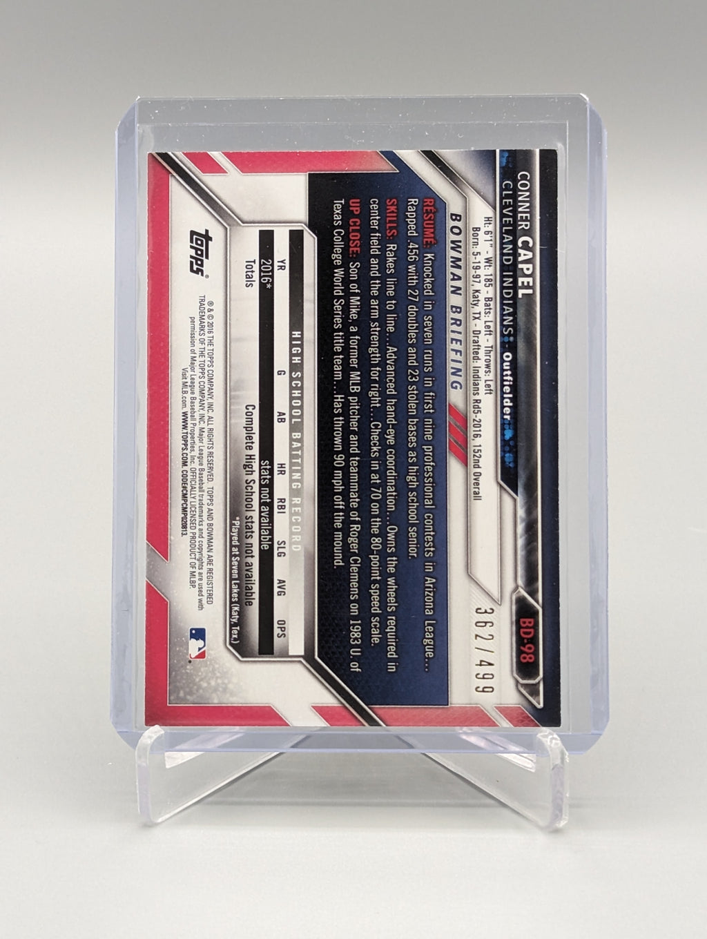 2016 Bowman Silver #BD-98 Conner Capel #/499 Indians