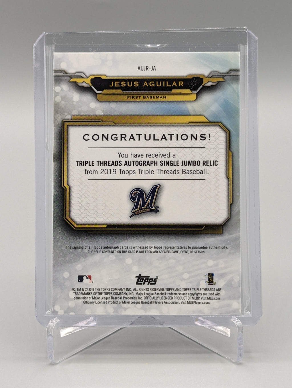 2019 Topps Triple Threads Unity Relic Auto #AUJR-JA Jesus Aguilar #/50 Brewers
