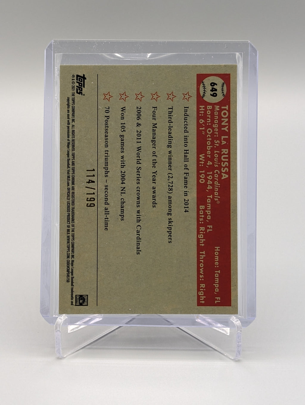 2021 Topps Platinum Anniversary Blue Mini Diamond #649 Tony La Russa #/199 Cardinals