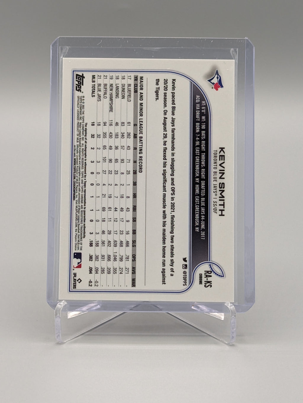 2022 Topps Chrome Auto #RA-KS Kevin Smith RC Blue Jays