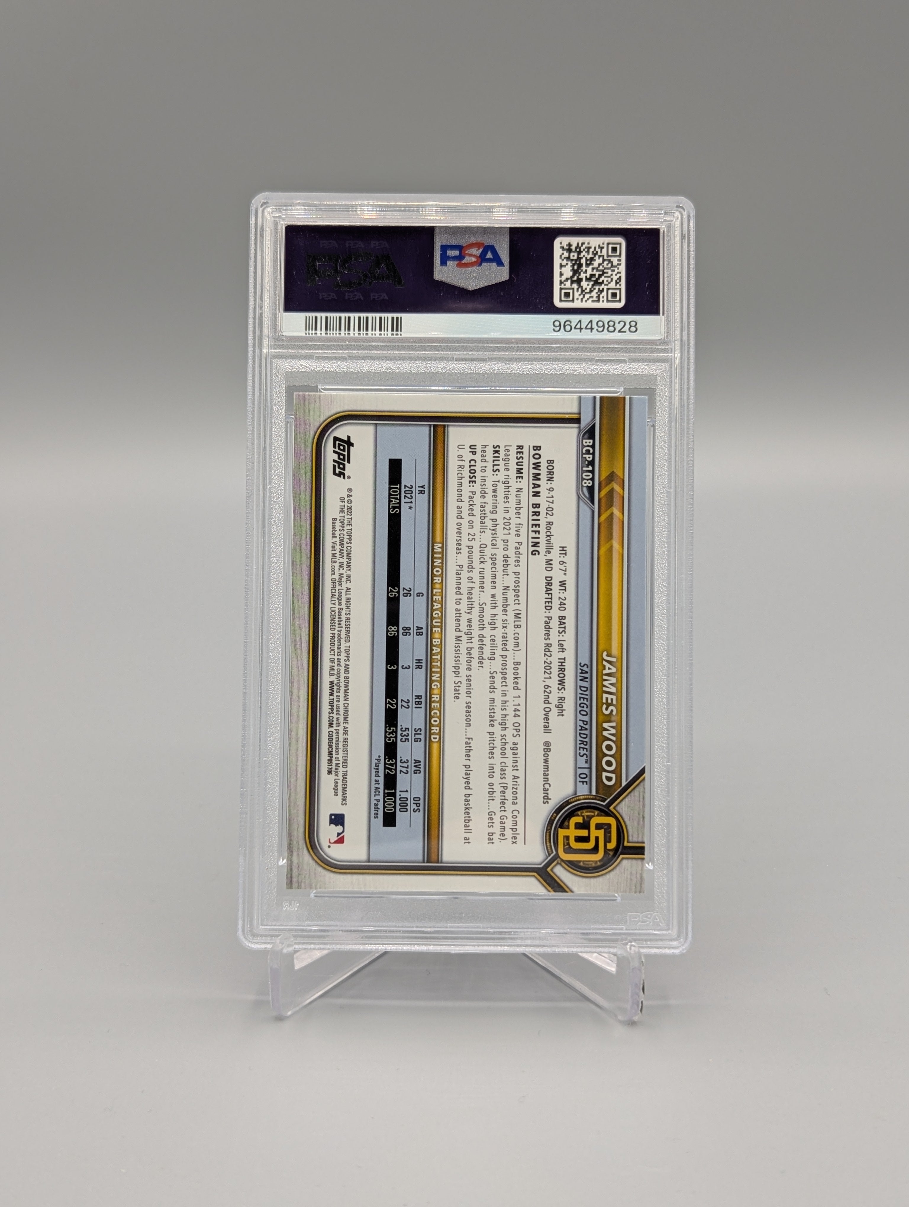 2022 Bowman Chrome #BCP108 James Wood Padres Nationals PSA 10