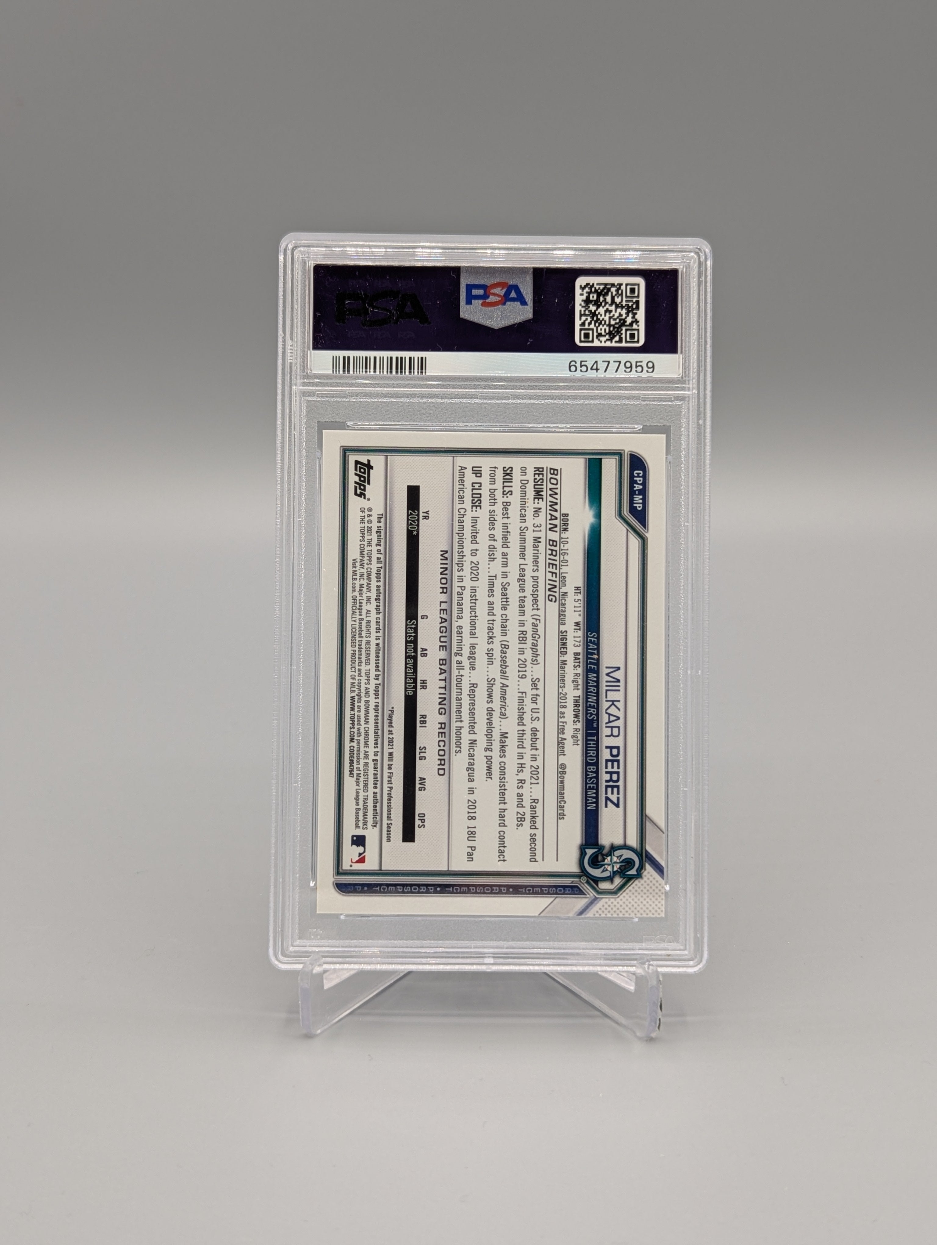 2021 Bowman Chrome #CPAMP Milkar Perez Auto PSA 10 Mariners