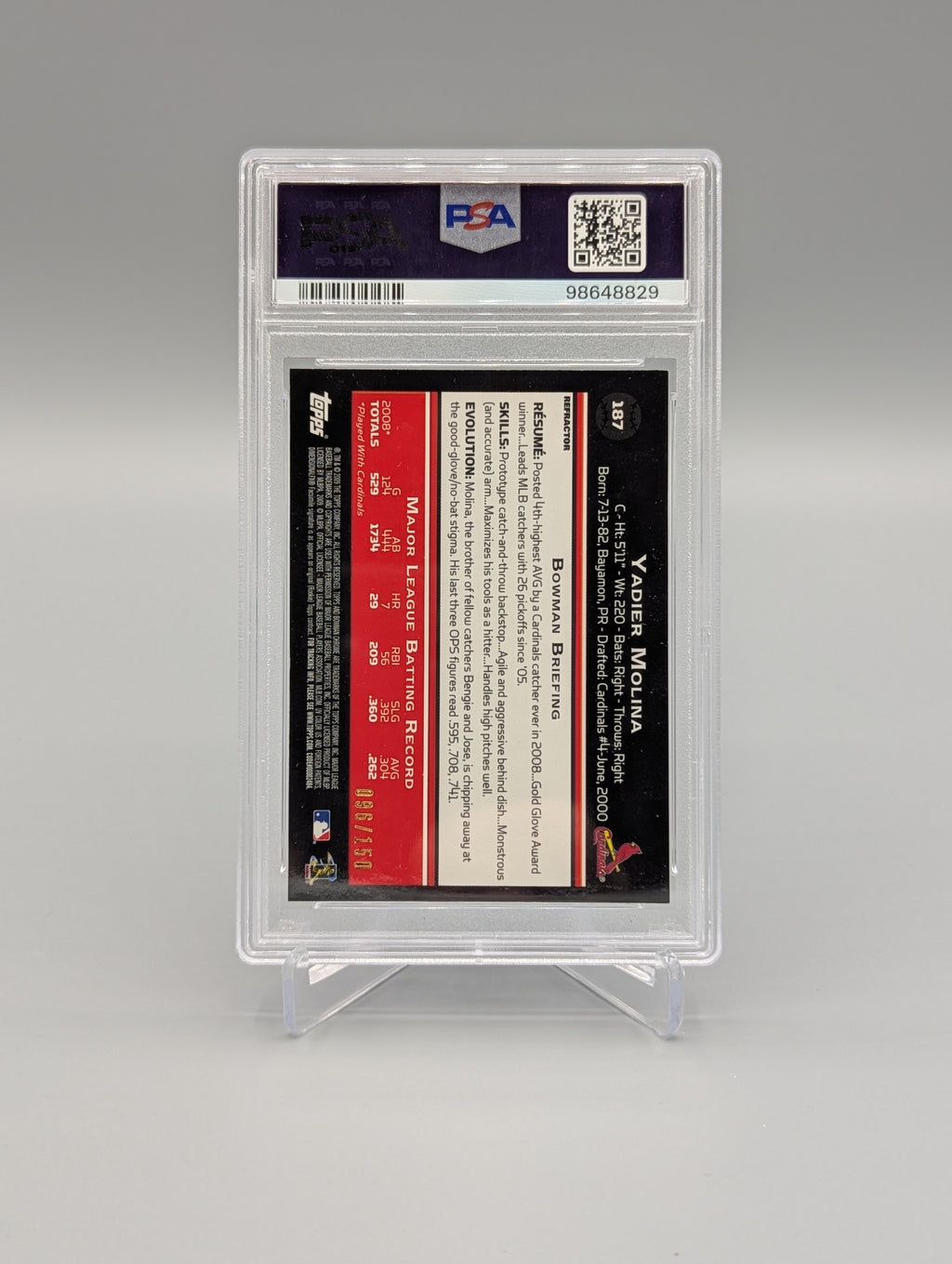 2009 Bowman Chrome Blue Refractor #187 Yadier Molina PSA 9 Cardinals