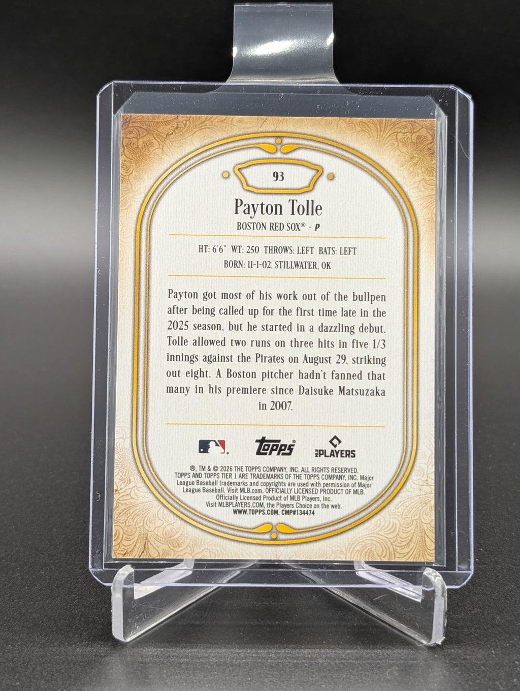 2026 Topps Tier One Bronze #93 Payton Tolle RC Red Sox