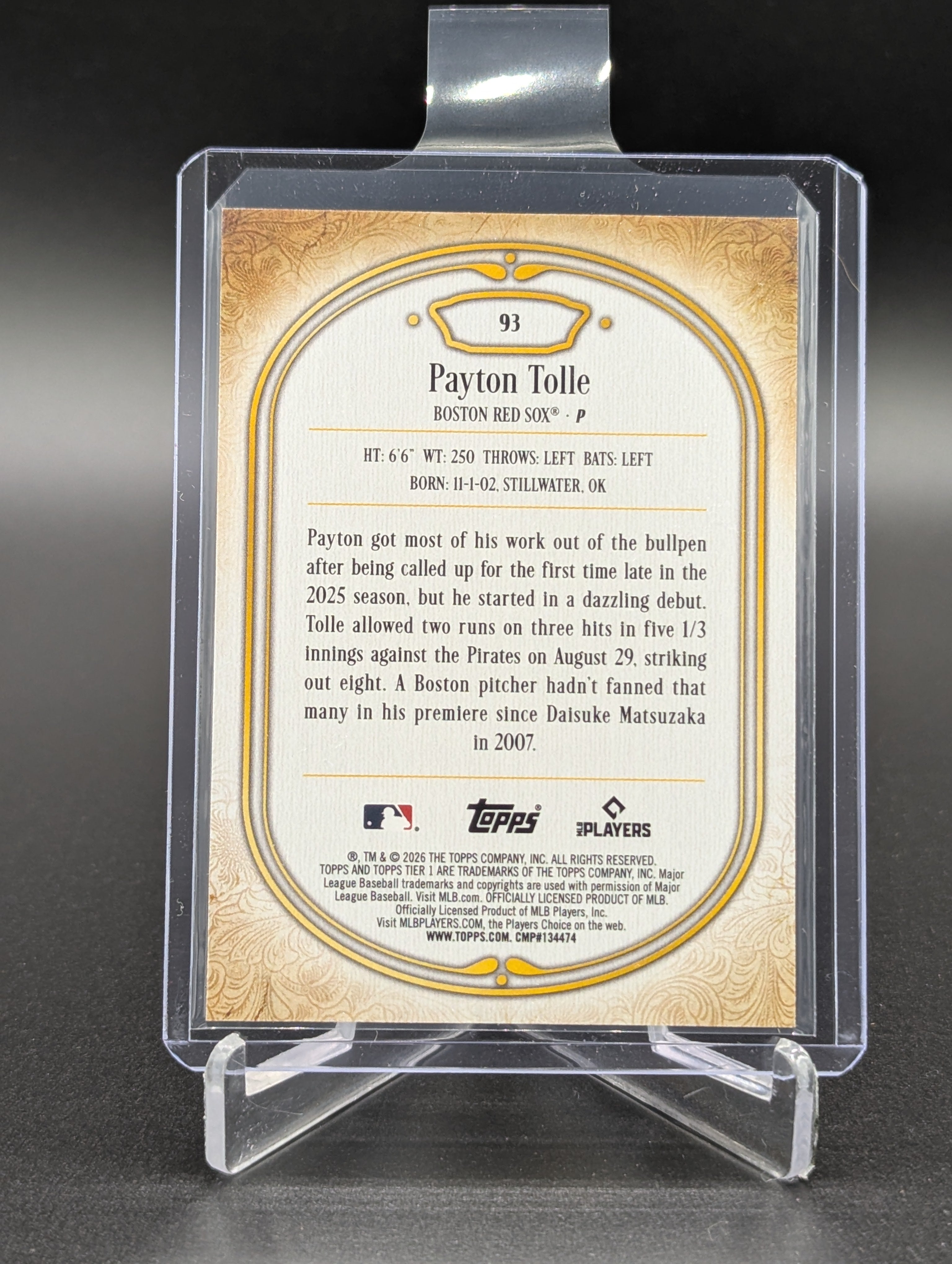 2026 Topps Tier One Bronze #93 Payton Tolle RC Red Sox