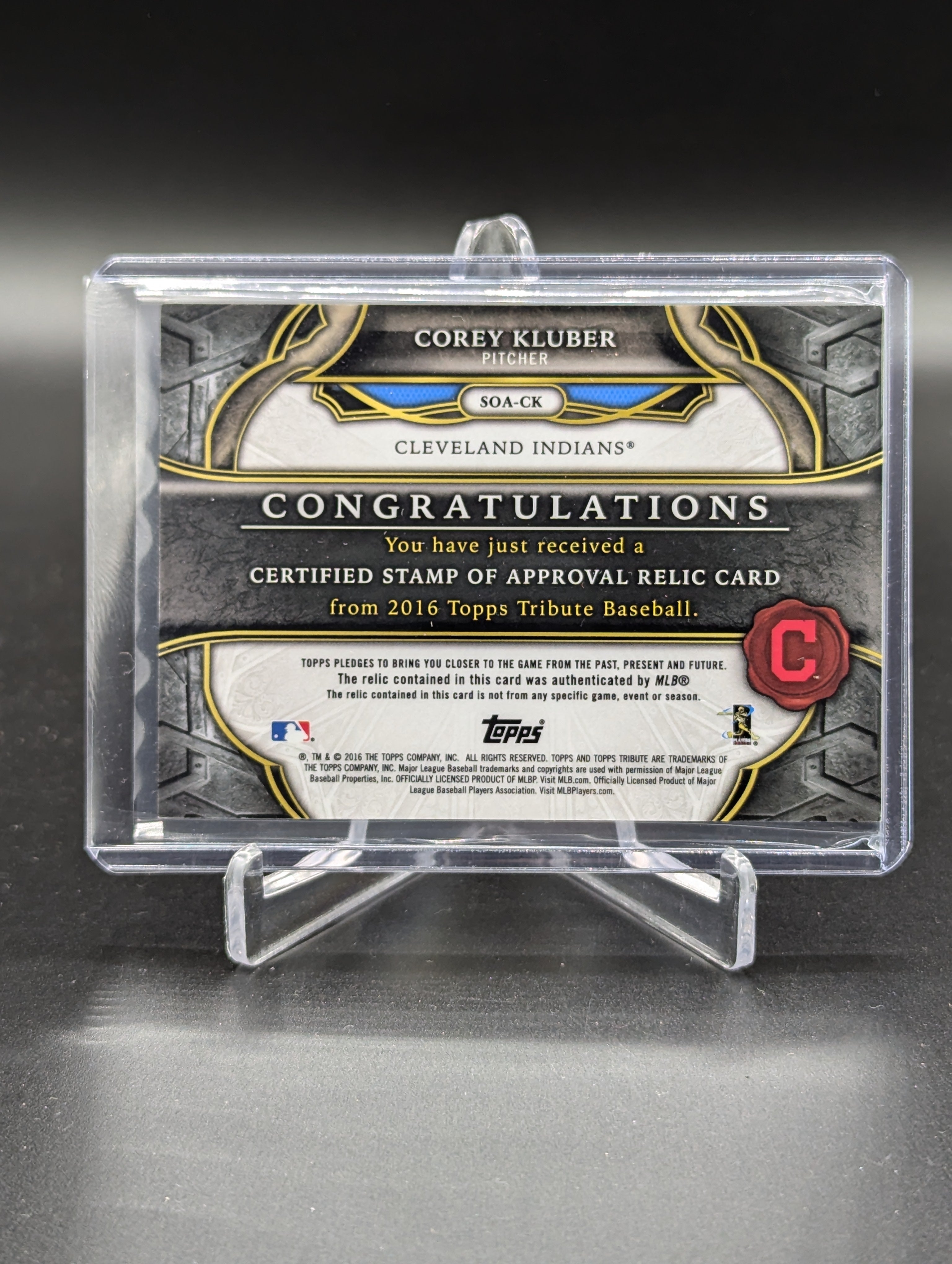 2016 Topps Tribute Stamp Of Approval Relic Orange #SOA-CK Corey Kluber #/25 Indians