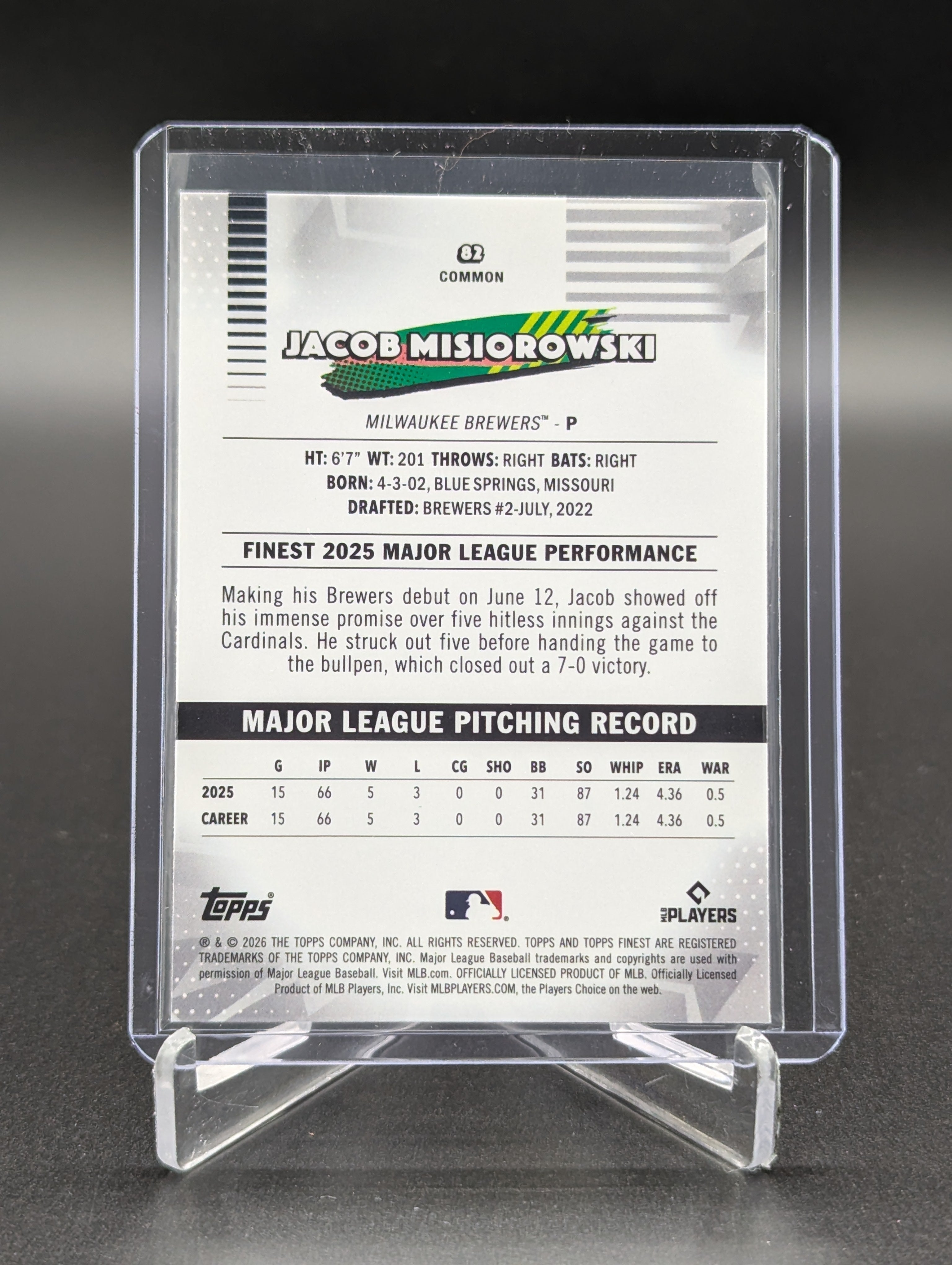 2026 Topps Finest X Fractor Common #82 Jacob Misiorowski Brewers